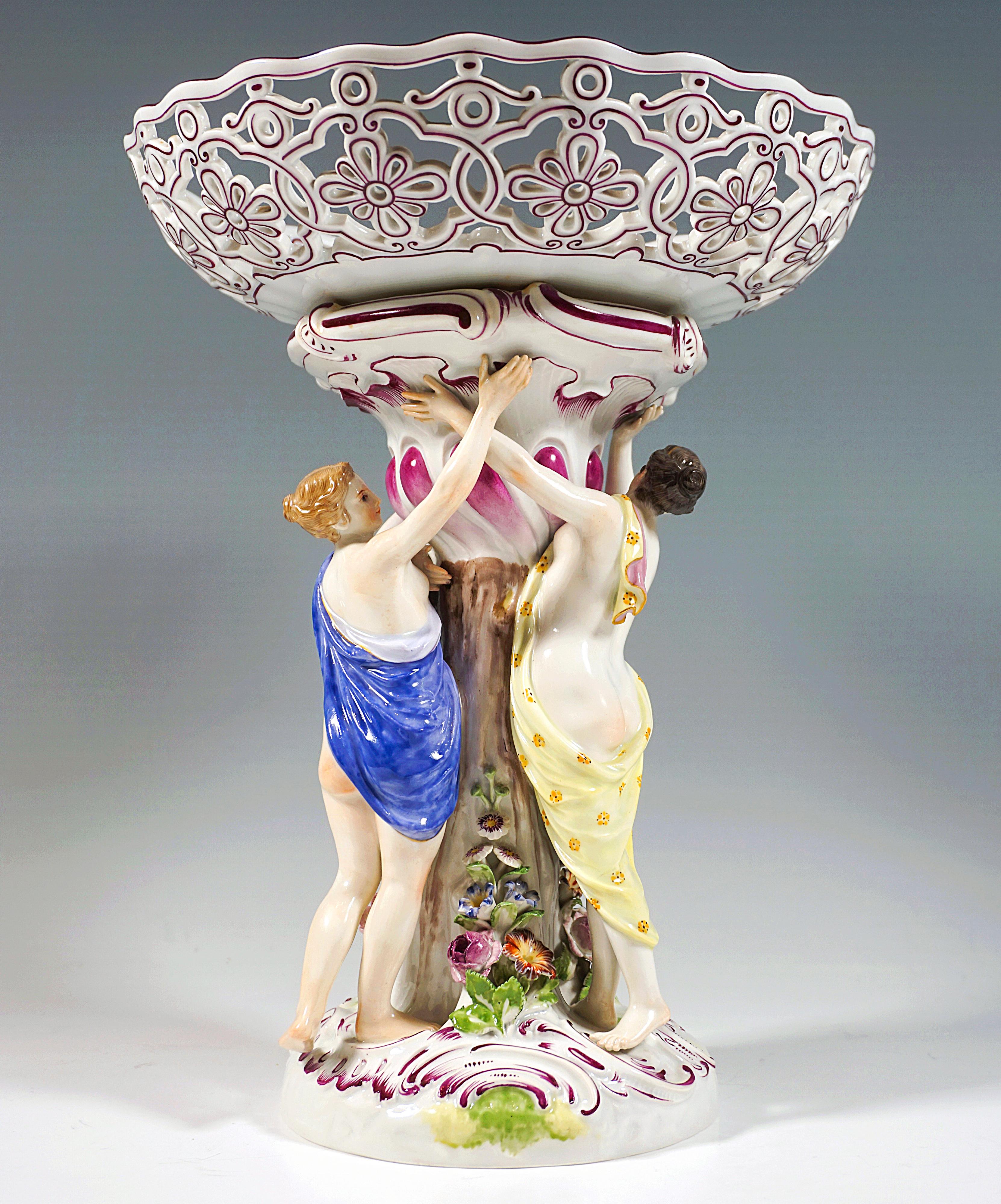 German Meissen Centerpiece With Three Graces Supporting A Fruit Bowl, Kaendler c 1860