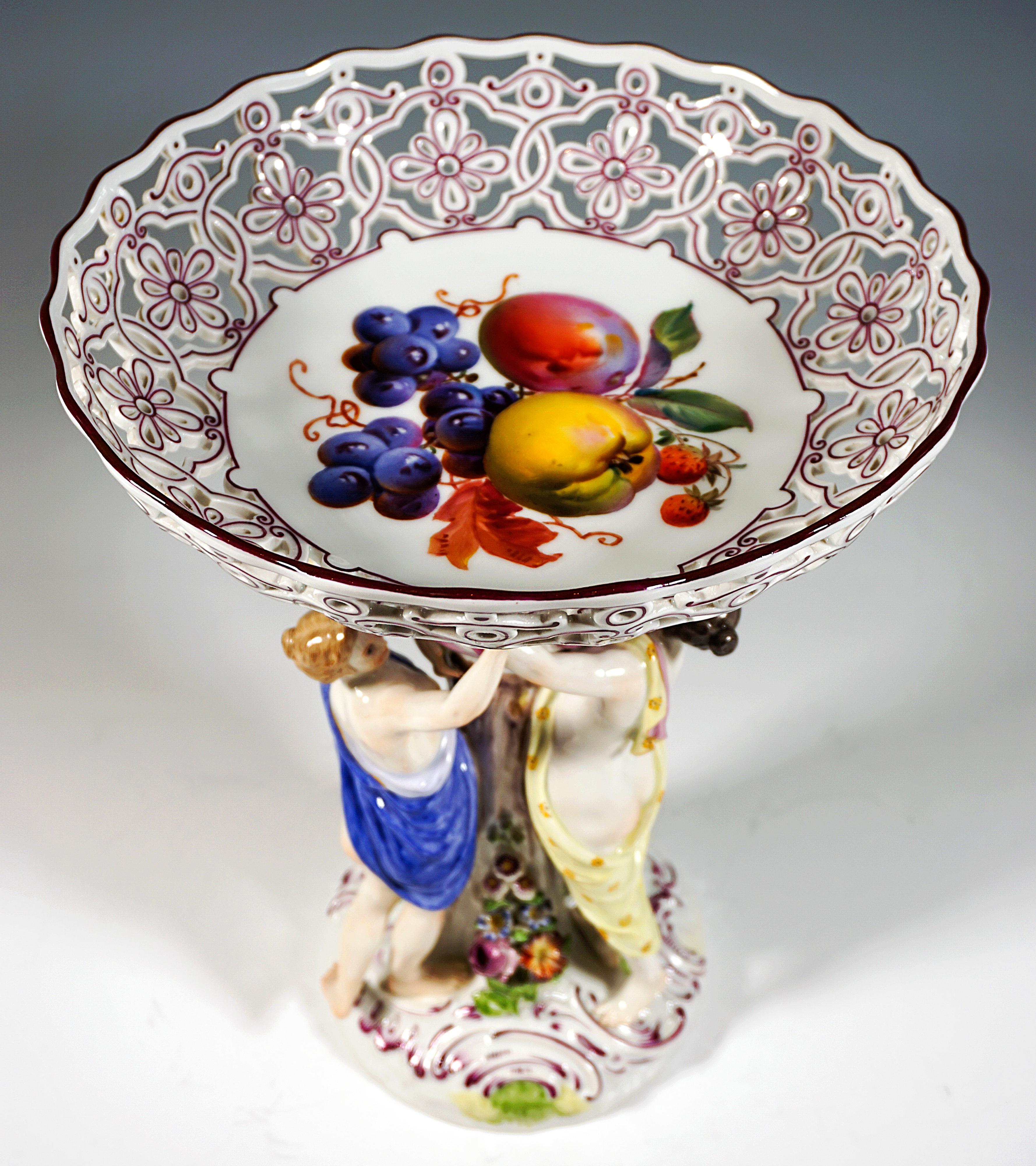 Glazed Meissen Centerpiece With Three Graces Supporting A Fruit Bowl, Kaendler c 1860