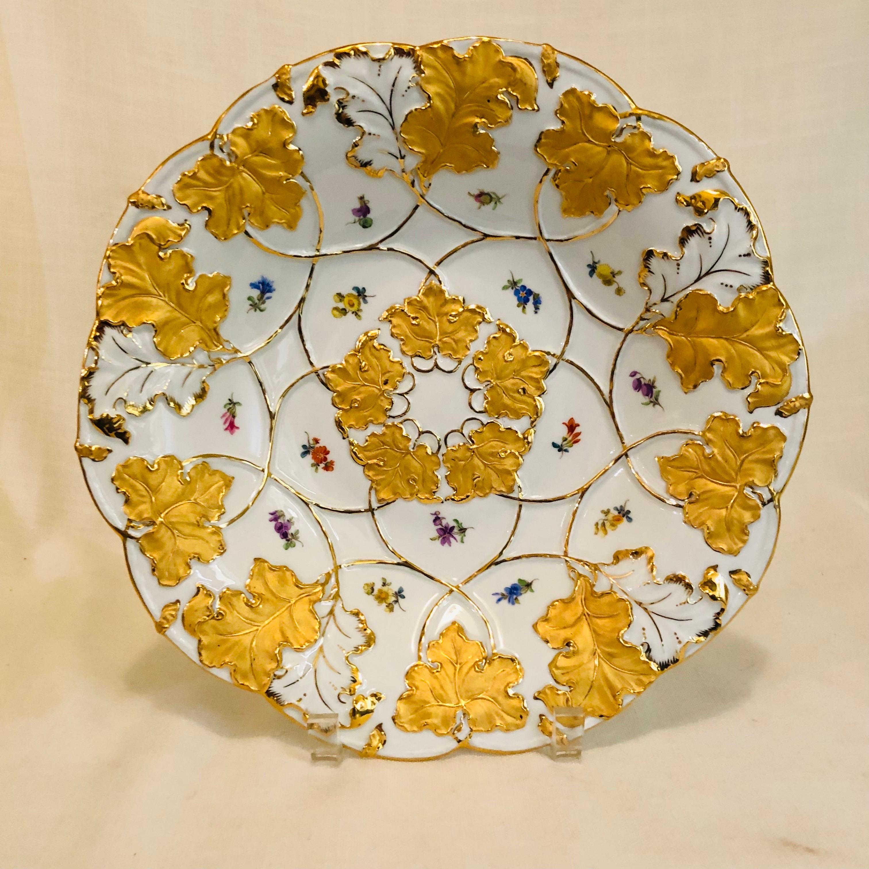 Rococo Meissen Charger Painted with Gilded Acanthus Leaves and Multicolored Flowers