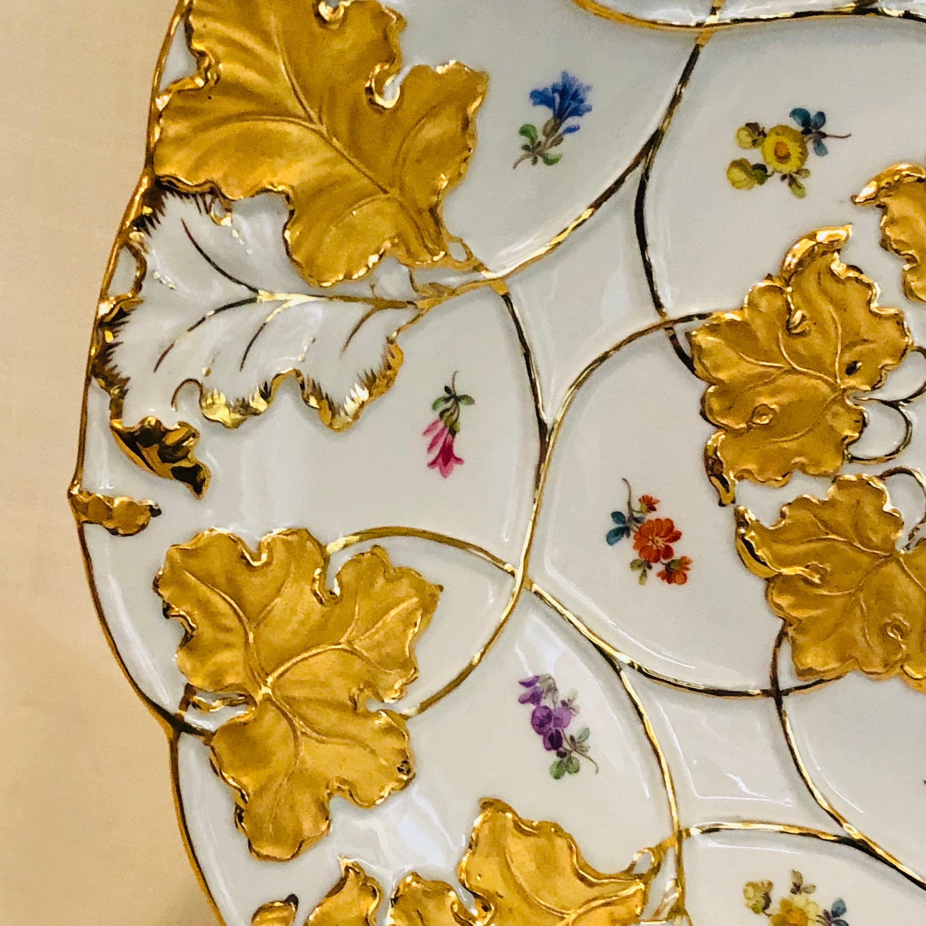 Gilt Meissen Charger Painted with Gilded Acanthus Leaves and Multicolored Flowers