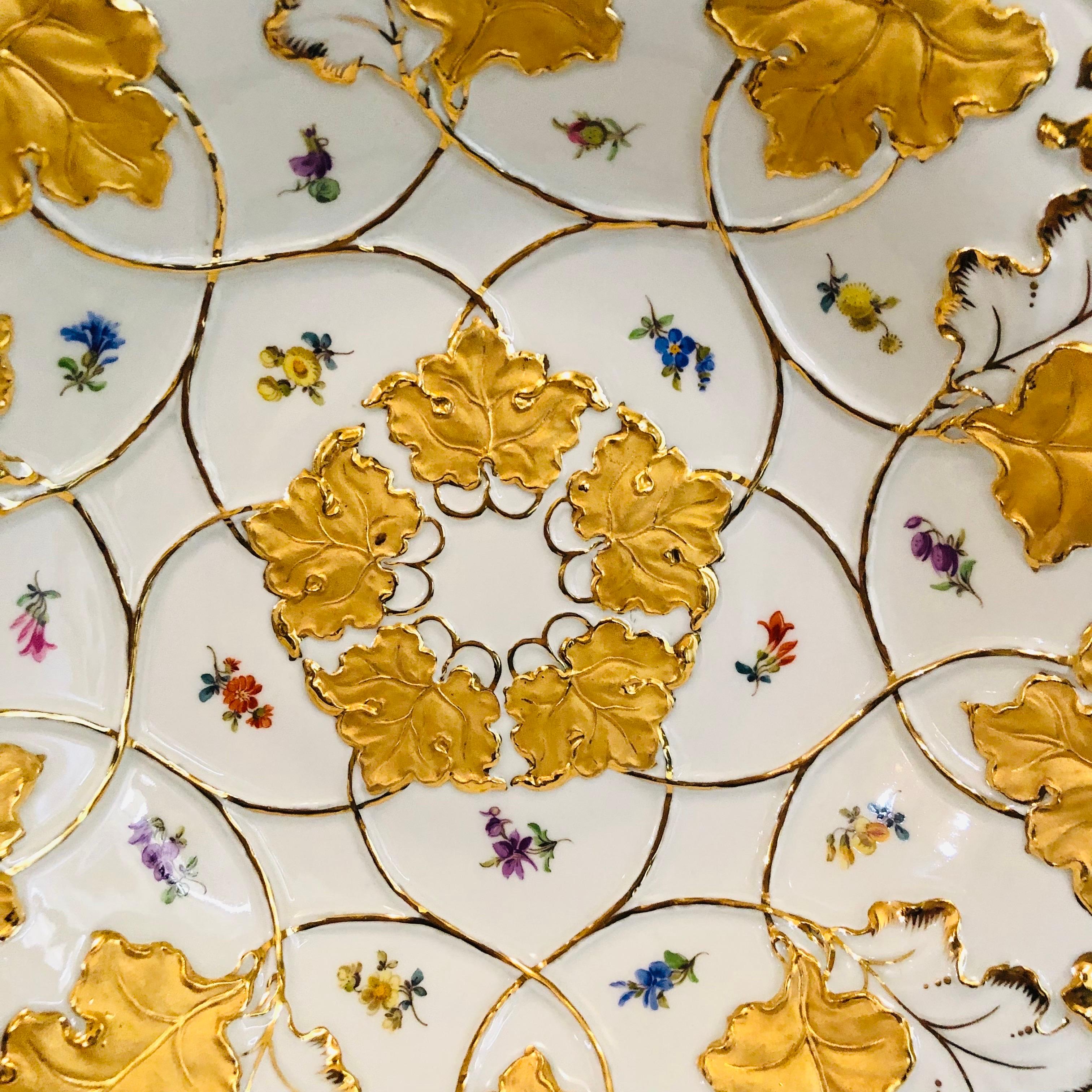 Porcelain Meissen Charger Painted with Gilded Acanthus Leaves and Multicolored Flowers