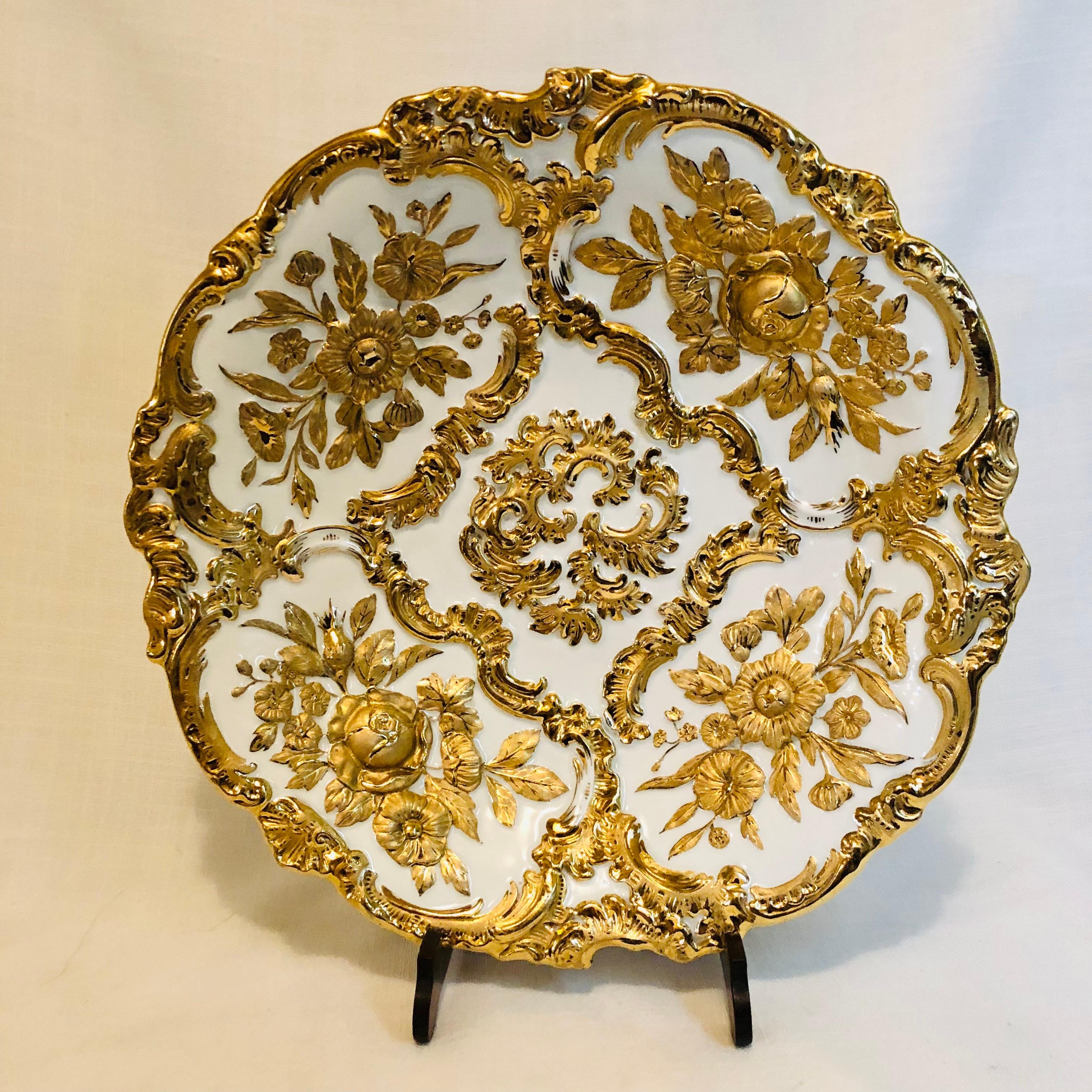 German Meissen Charger With Raised Gilded Flowers & Leaves and Elaborate Gilded Accents