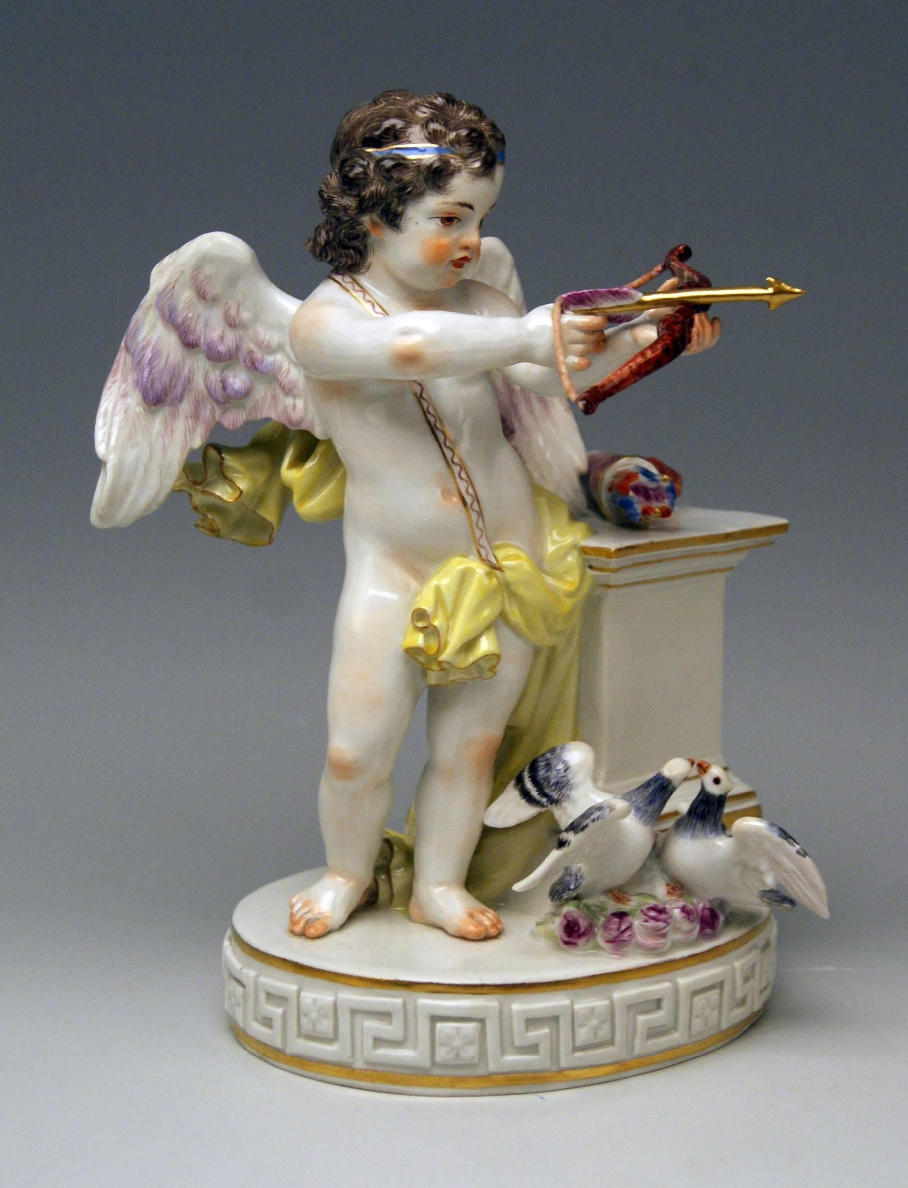 Meissen most lovely figurine: Cherub of Love 'je Les Enflamme'

Measures / dimensions:
height 7.87 inches / 20.0 cm 
width 5.31 inches / 13.5 cm 
depth 4.52 inches / 11.5 cm 

Manufactory: Meissen
Hallmarked: Blue Meissen Sword Mark (glazed