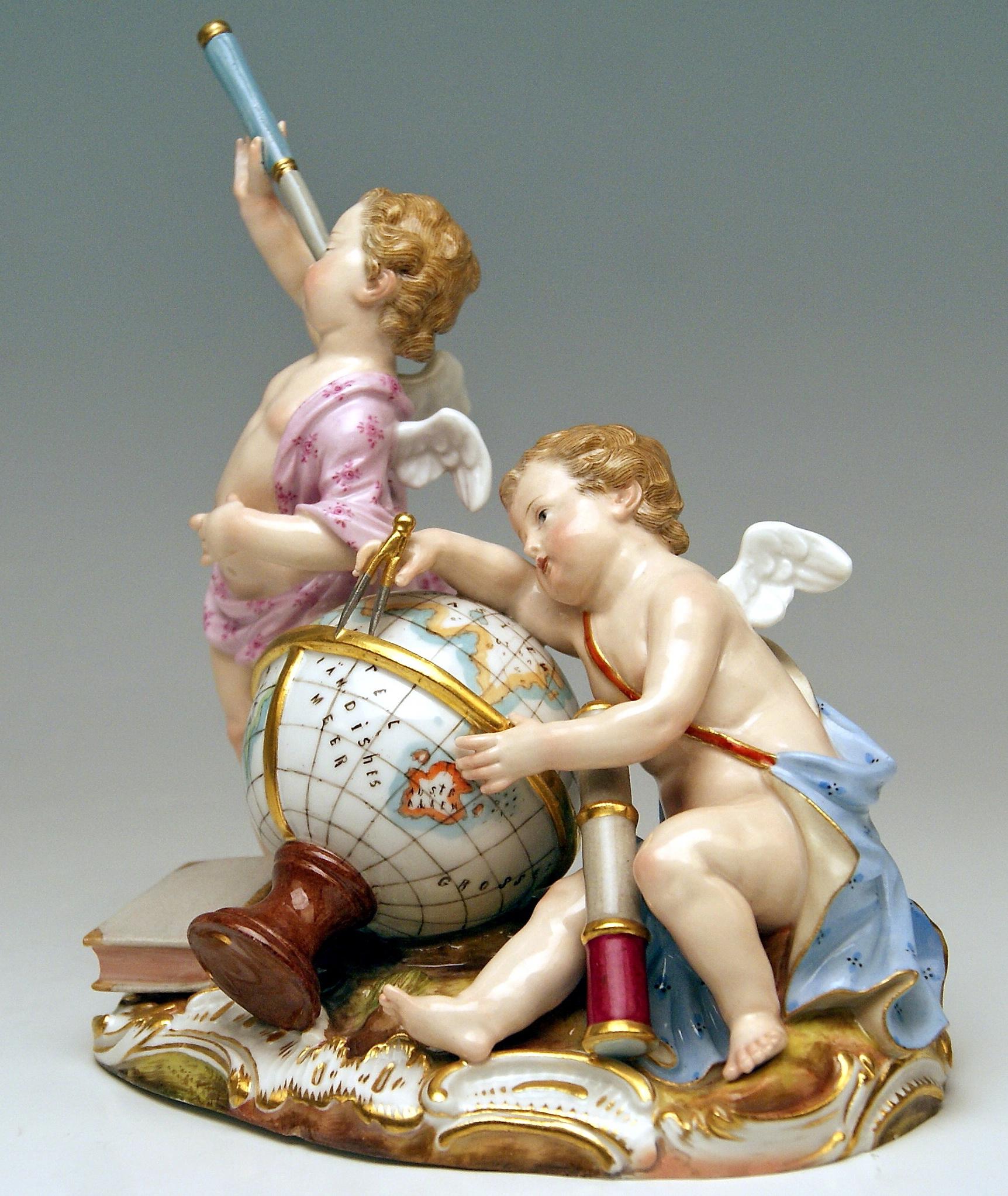 Meissen gorgeous cherubs figurines: Allegory of Astronomy
The details are stunningly scupltured = finest modelling

Manufactory: Meissen 
Dating: made circa 1870
Hallmarked: Meissen Mark with Pommels on Hilts (19th century)
First