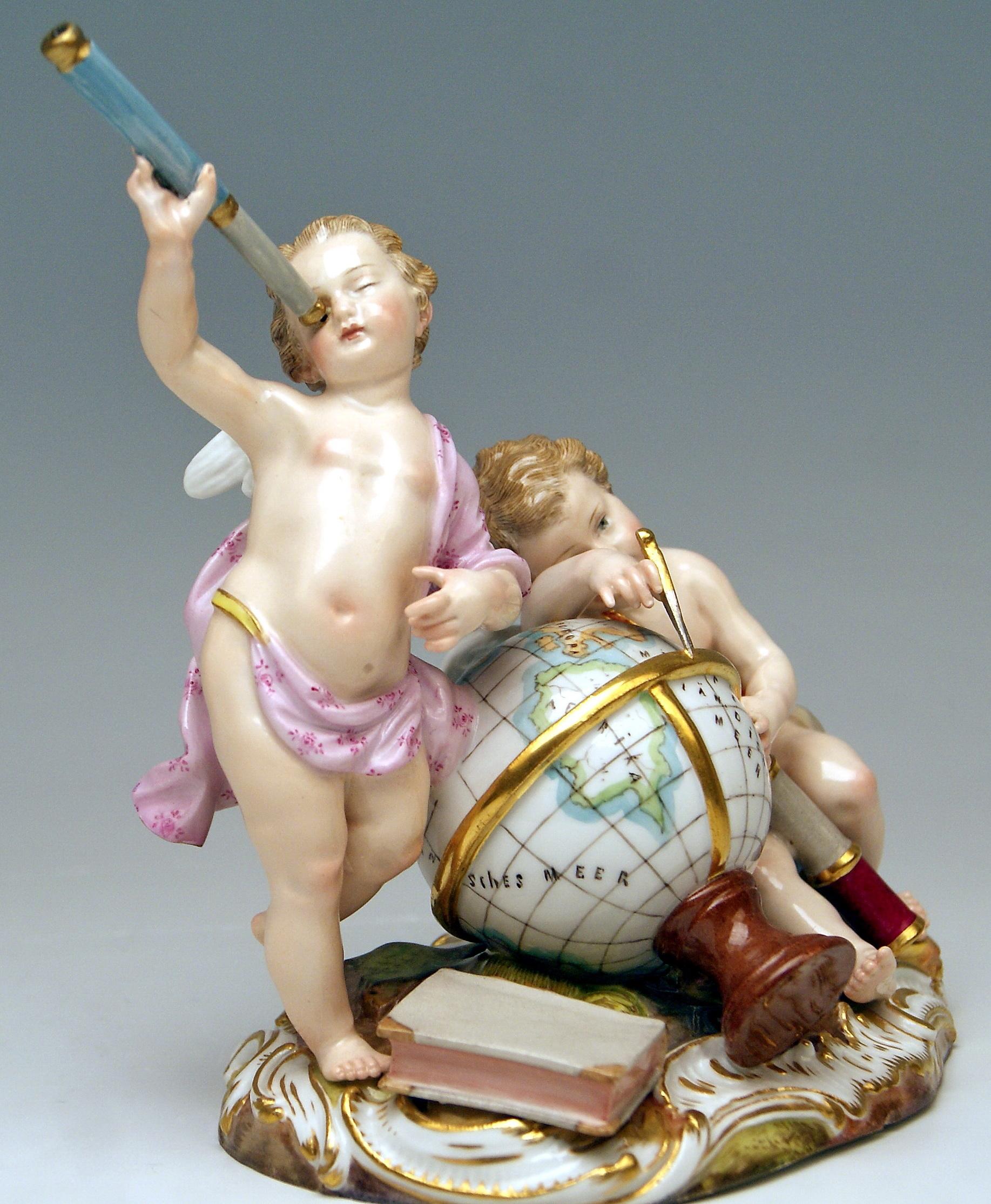 Rococo Meissen Cherubs Figurines Allegory of Astronomy Model 2460 by Punct, circa 1870