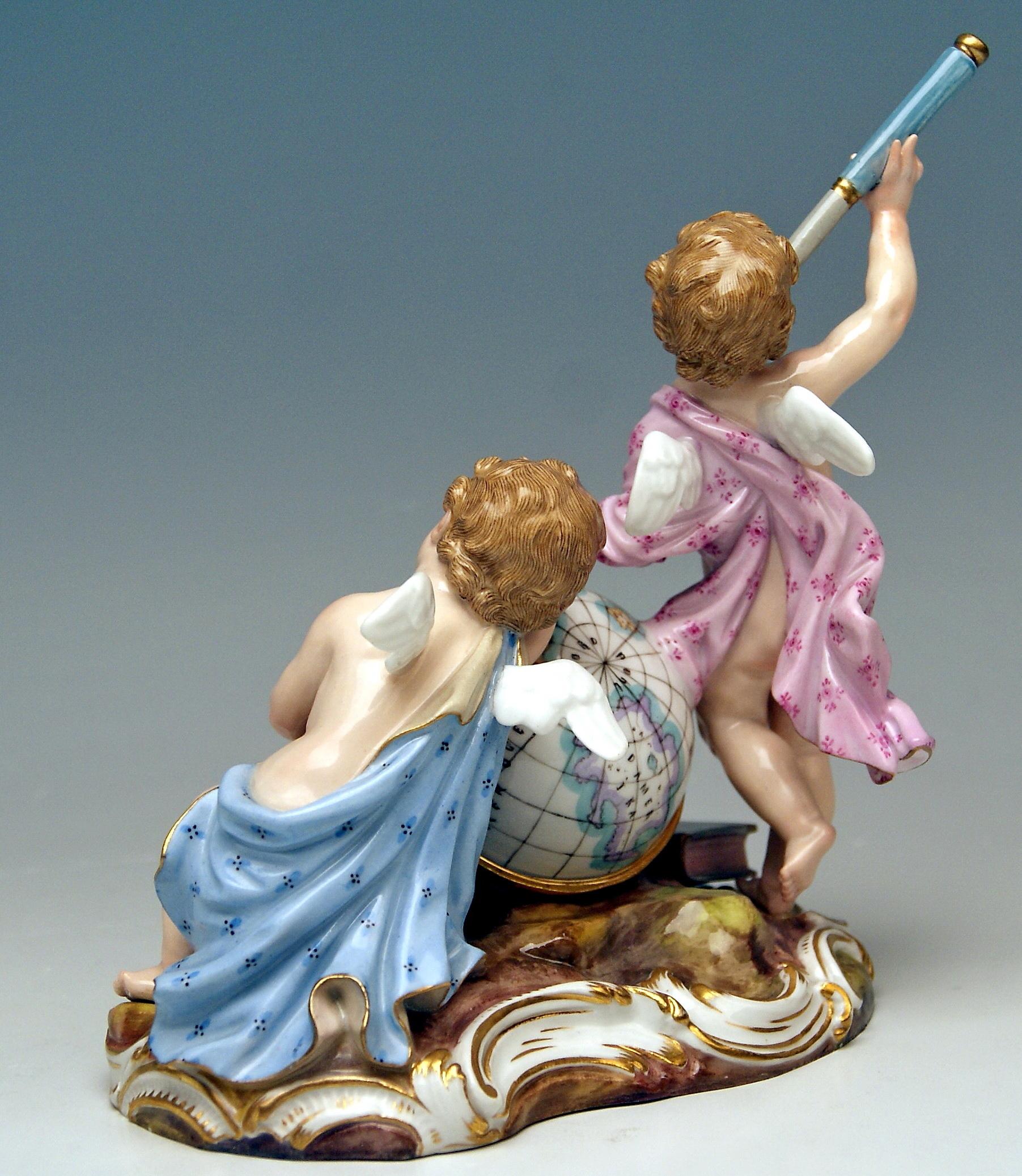 Painted Meissen Cherubs Figurines Allegory of Astronomy Model 2460 by Punct, circa 1870