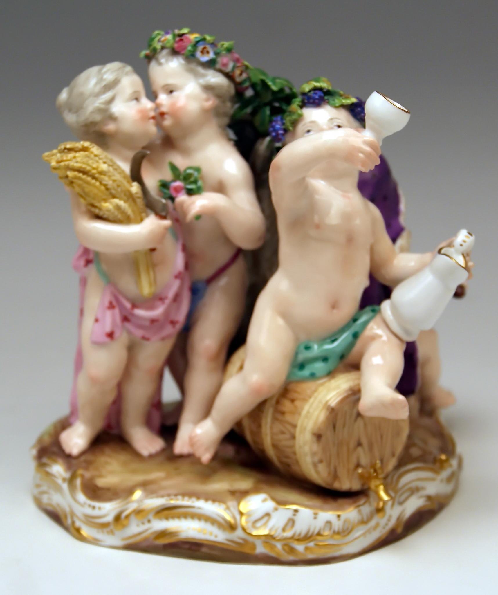 Meissen Gorgeous Cherubs (= Seasons' Figurines): Spring, Summer, Autumn (Fall) And Winter.
The Details Are Stunningly Scupltured = Finest Modelling

Manufactory: Meissen 
Dating: made circa 1870
Hallmarked: Meissen Mark with Pommels on Hilts