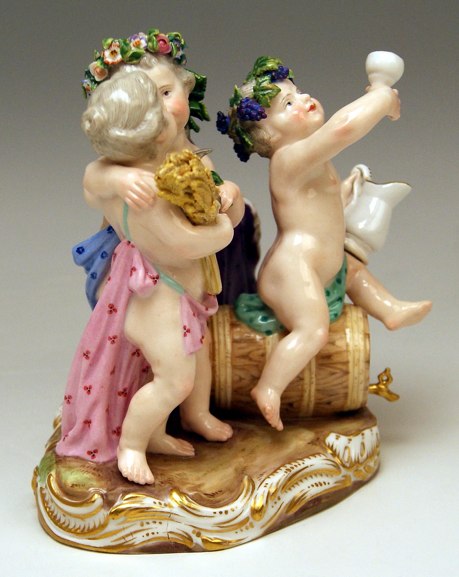 Painted Meissen Cherubs Four Seasons Figurines Model 1068 Kaendler Made, circa 1870 For Sale