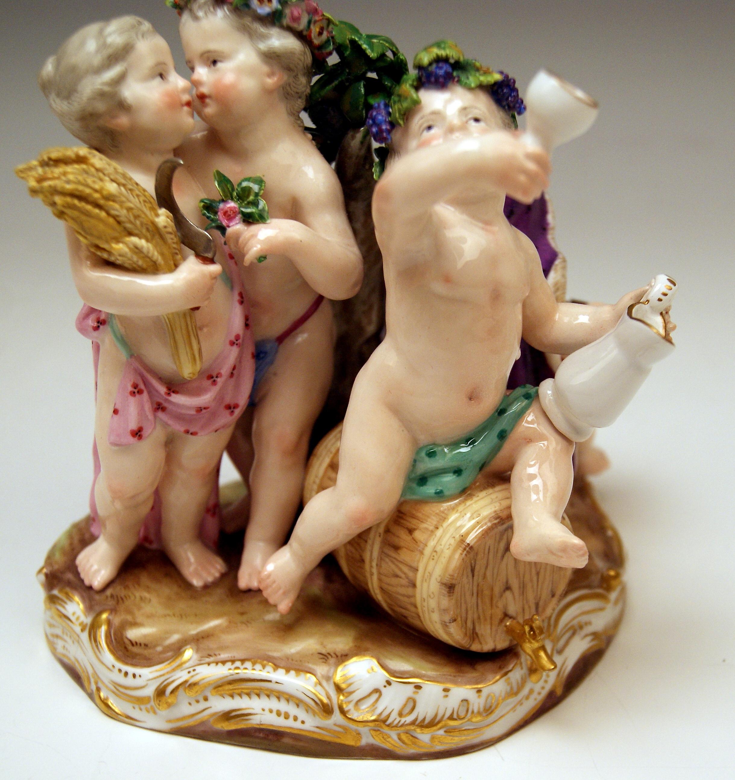 Late 19th Century Meissen Cherubs Four Seasons Figurines Model 1068 Kaendler Made, circa 1870 For Sale