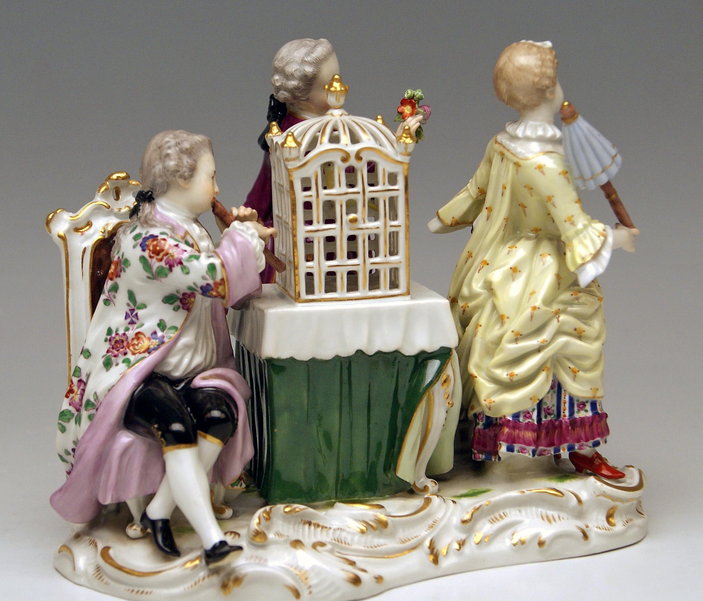 Painted Meissen Children Clad in Rococo Garments with Birdcage Model 2897 Kaendler, 1870