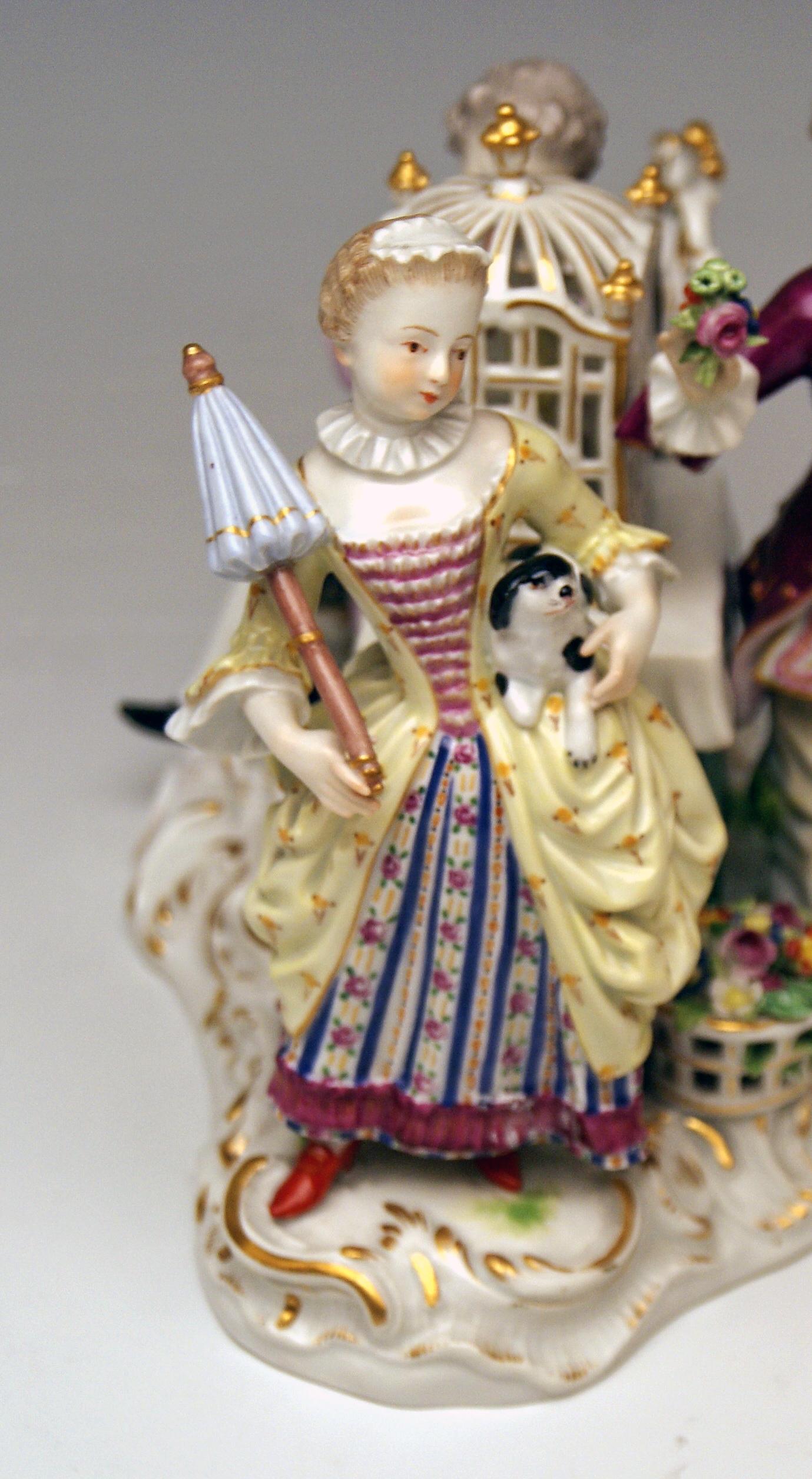 Porcelain Meissen Children Clad in Rococo Garments with Birdcage Model 2897 Kaendler, 1870