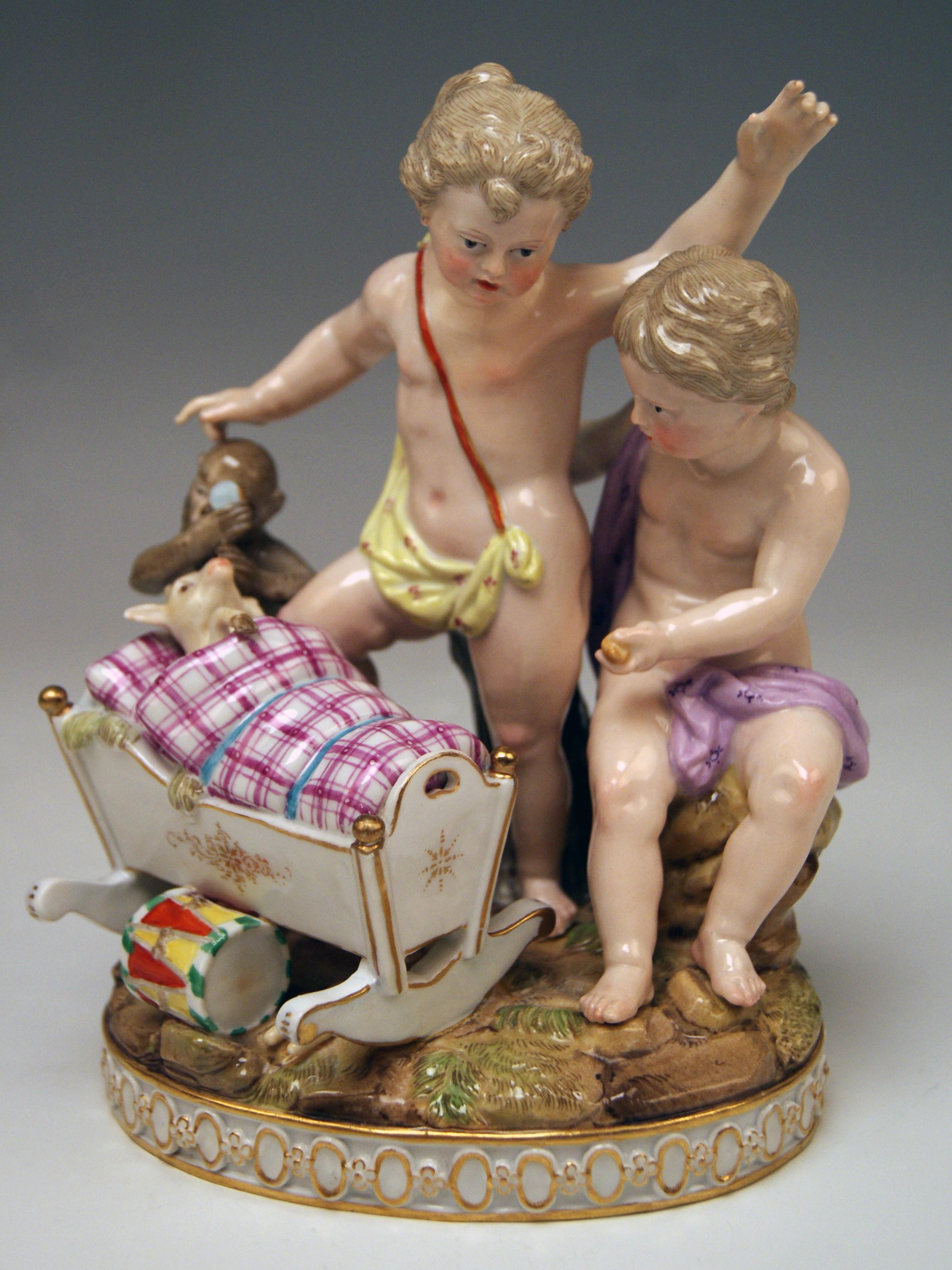 Meissen most lovely figurine group: Children with monkey and goat 

Measures / Dimensions:
height 6.49 inches / 16.5 cm 
width 4.92 inches / 12.5 cm
depth 3.62 inches / 9.2 cm

Manufactory: Meissen
Hallmarked: Blue Meissen Sword Mark (glazed