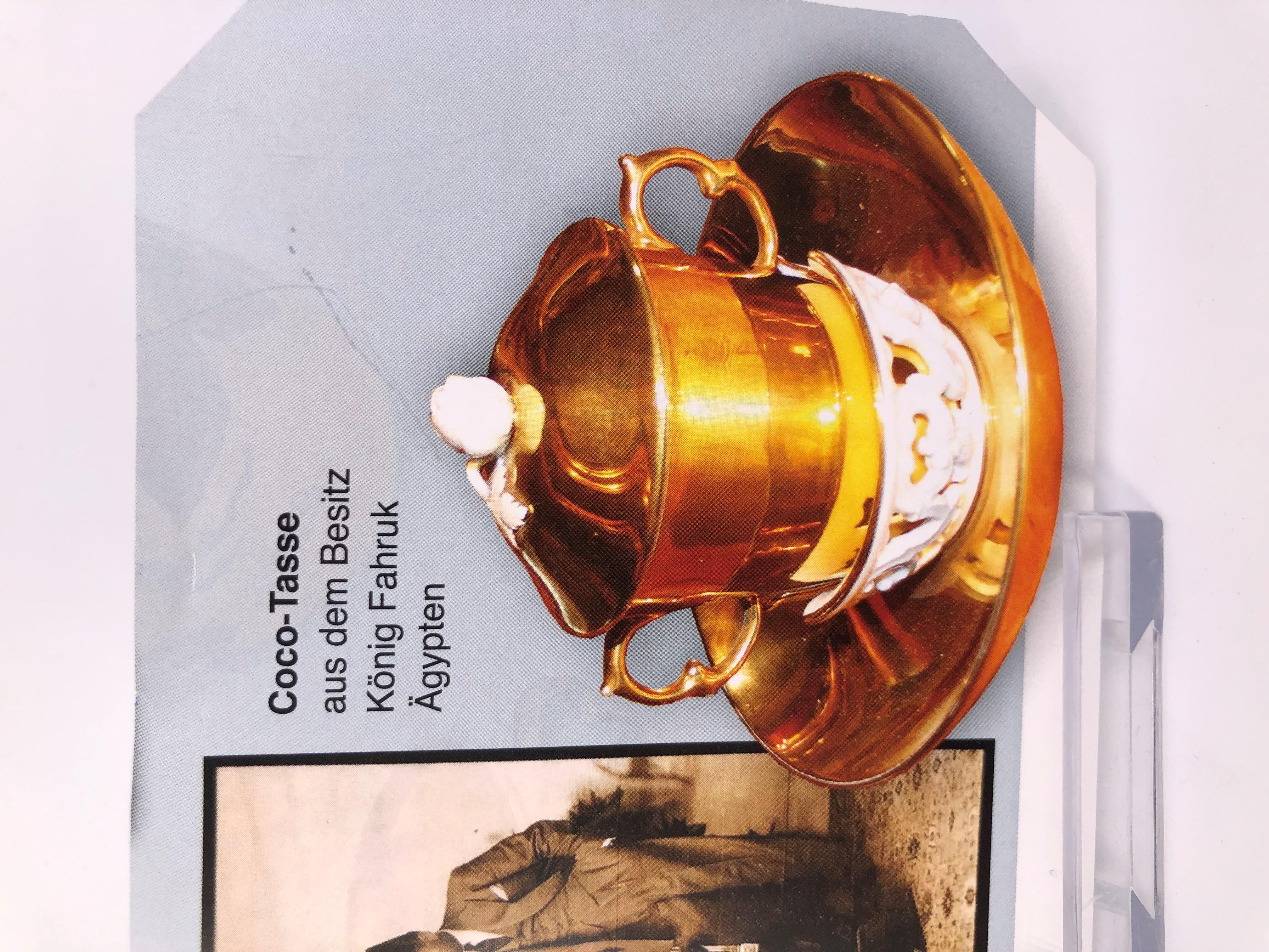 Meissen chocolate cup from the wedding service of Egyptian king Fahruk (see the picture) every wedding guest can take their Meissen porcelain chocolate cup (also called zitterTasse in german) home such museum pieces are very rare to find worldwide.