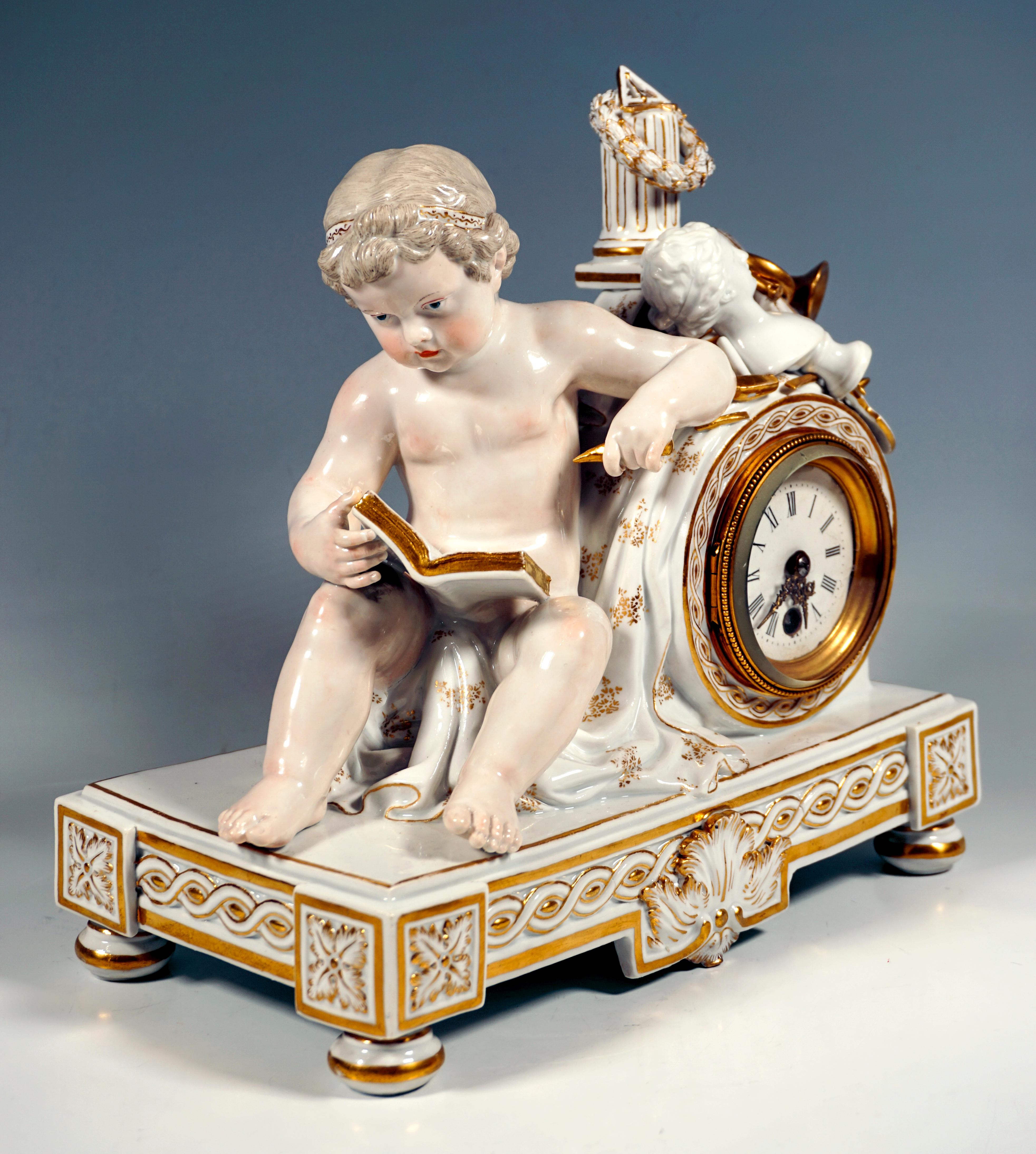 19th century sculptural porcelain clock case:
Rectangular base plate standing on four loaf feet at the corners, as well as on the long sides below central rocaille panels reaching to the floor, laterally intertwined wavy band frieze, as well as