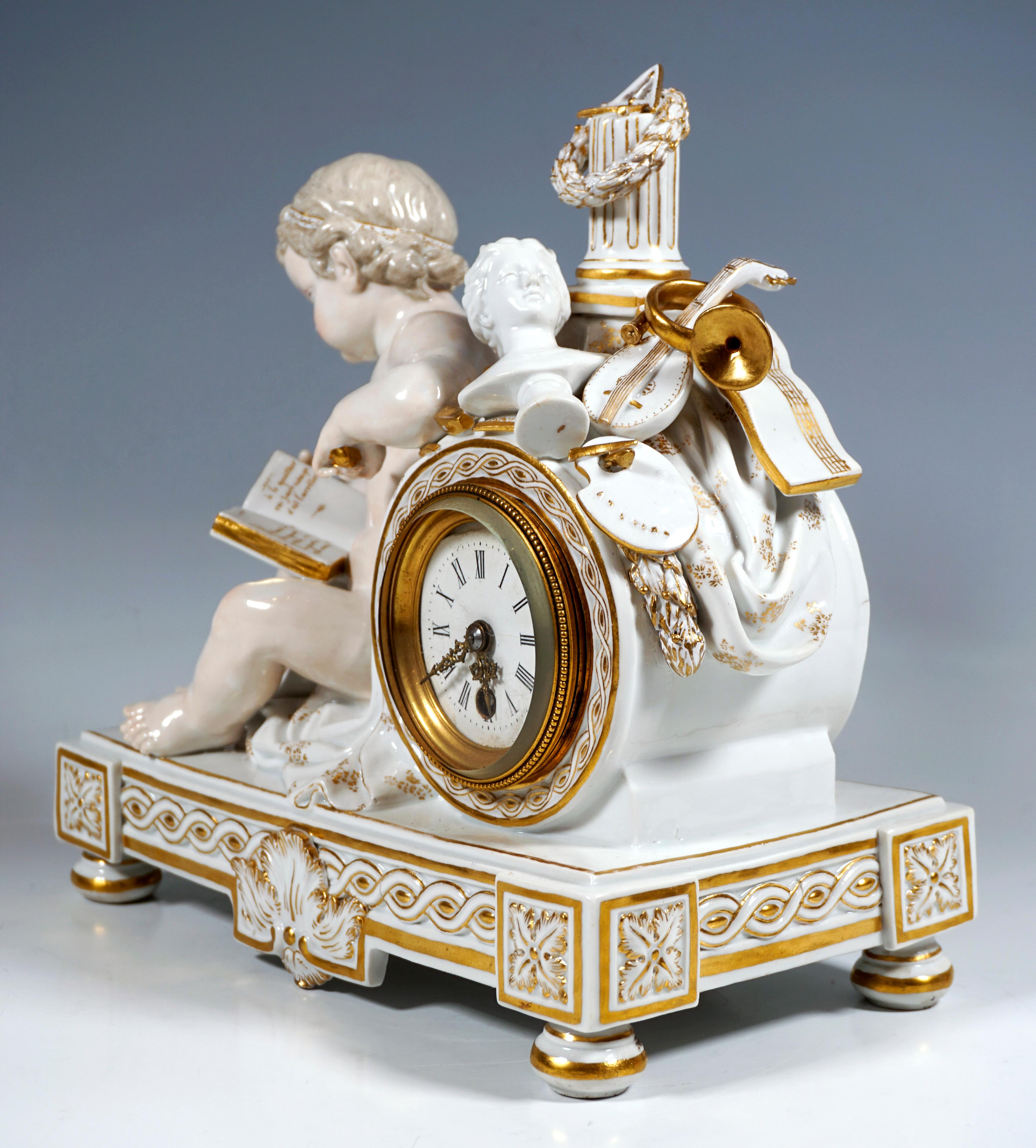 Rococo Meissen Clock Case, Reading Cupid, Allegory of Fine Arts, by Acier, Around 1850