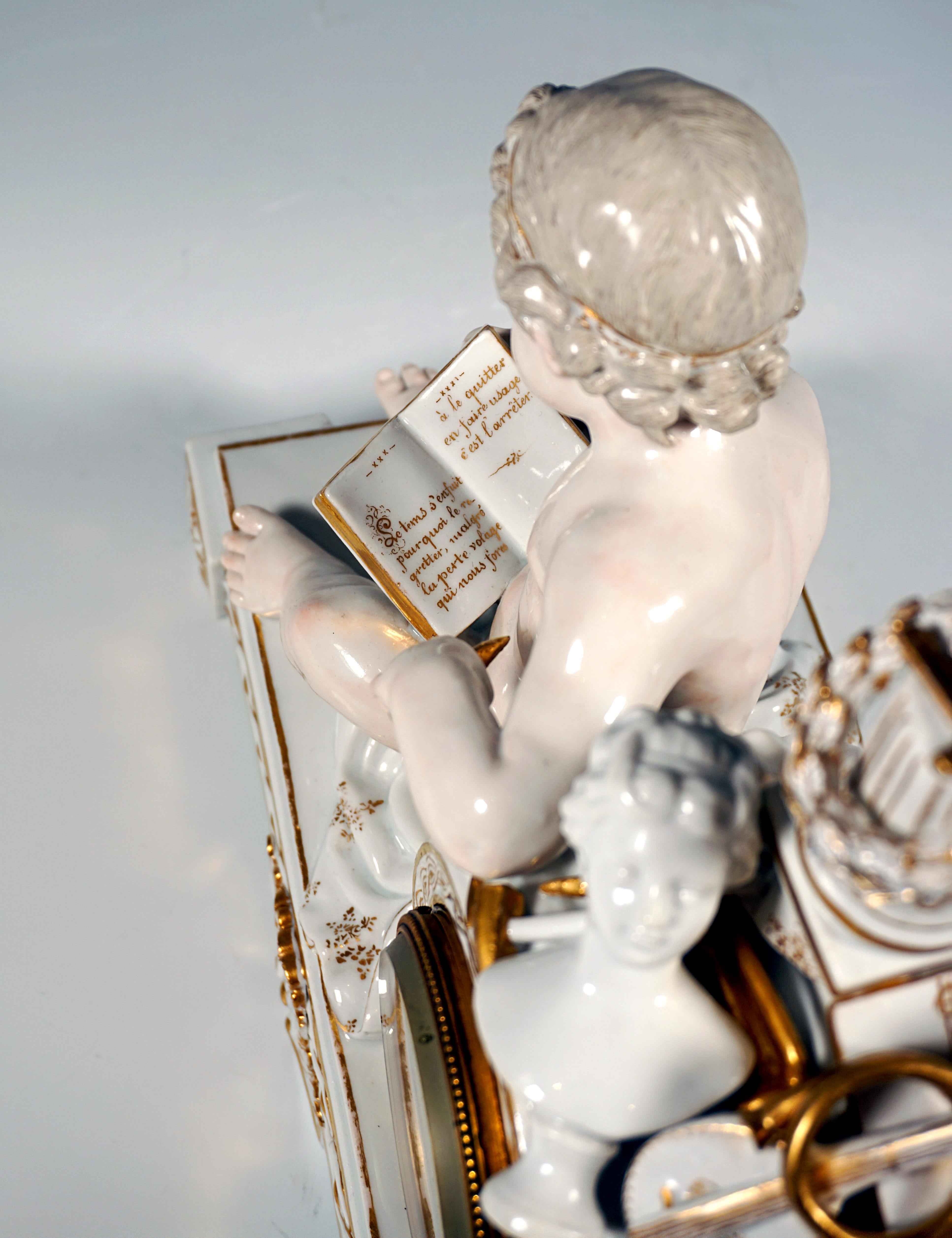 Mid-19th Century Meissen Clock Case, Reading Cupid, Allegory of Fine Arts, by Acier, Around 1850