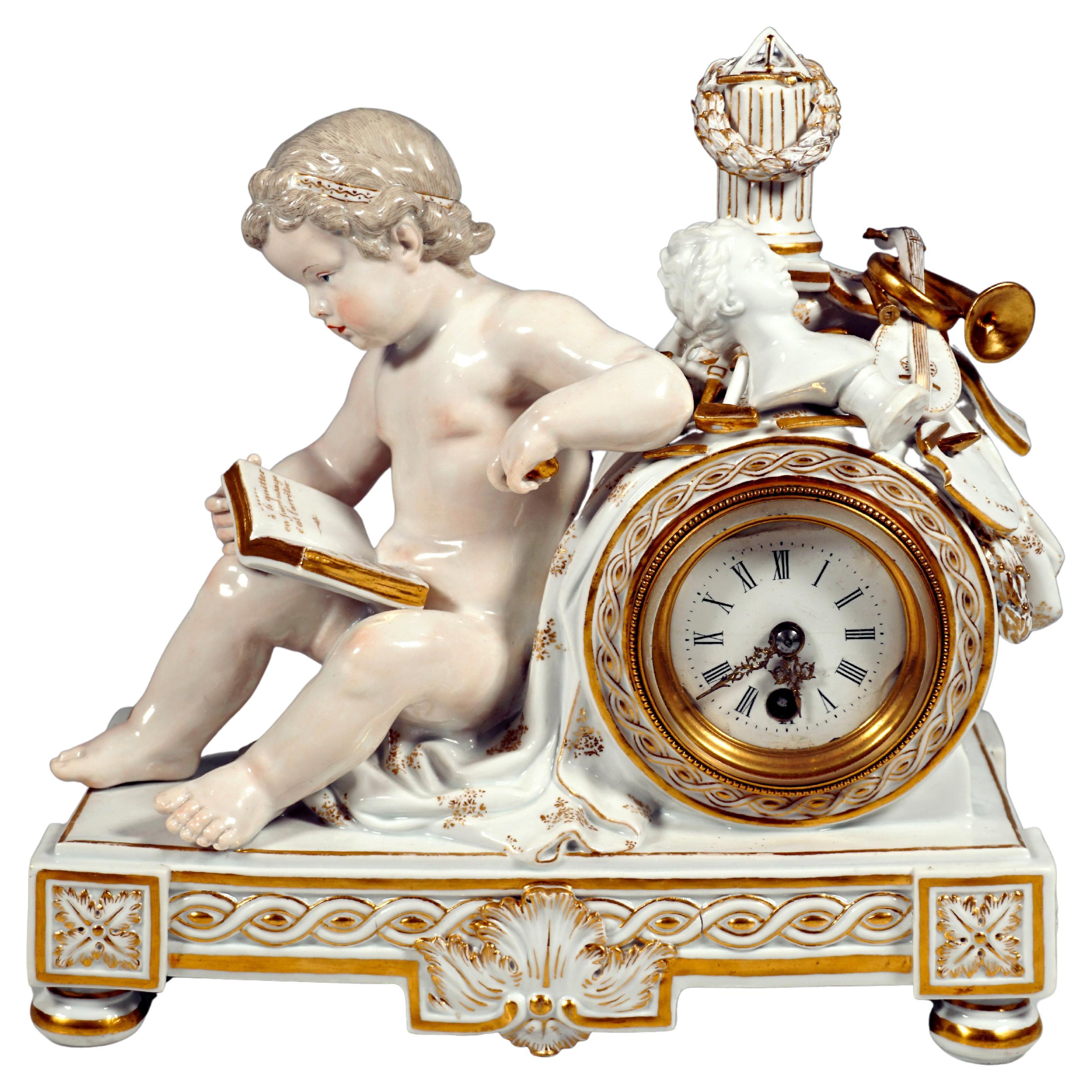 Meissen Clock Case, Reading Cupid, Allegory of Fine Arts, by Acier, Around 1850