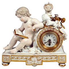 Meissen Clock Case, Reading Cupid, Allegory of Fine Arts, by Acier, Around 1850