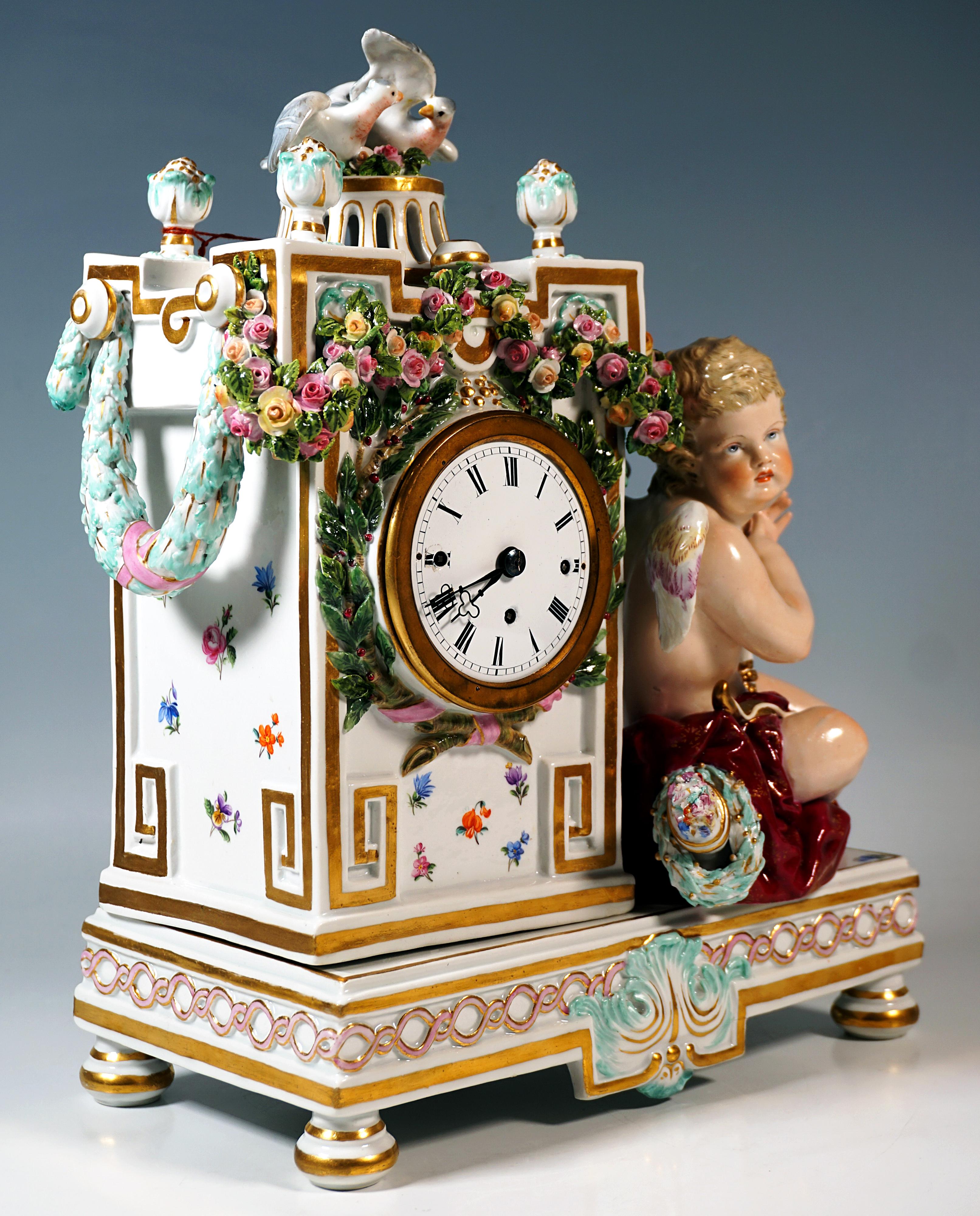 Hand-Crafted Meissen Clock Case With Cupid And Doves, by Michael Victor Acier, Around 1850