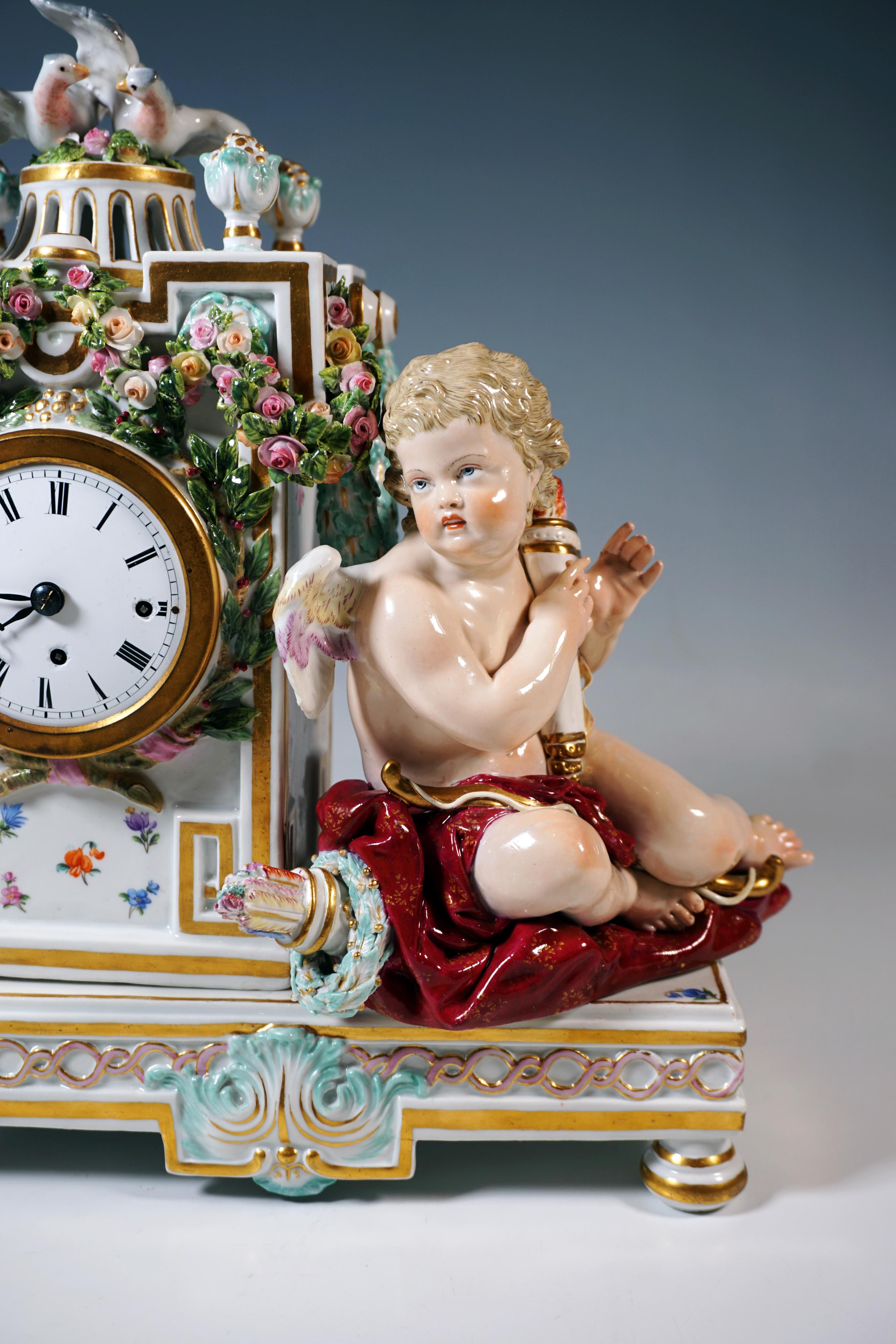 Porcelain Meissen Clock Case With Cupid And Doves, by Michael Victor Acier, Around 1850