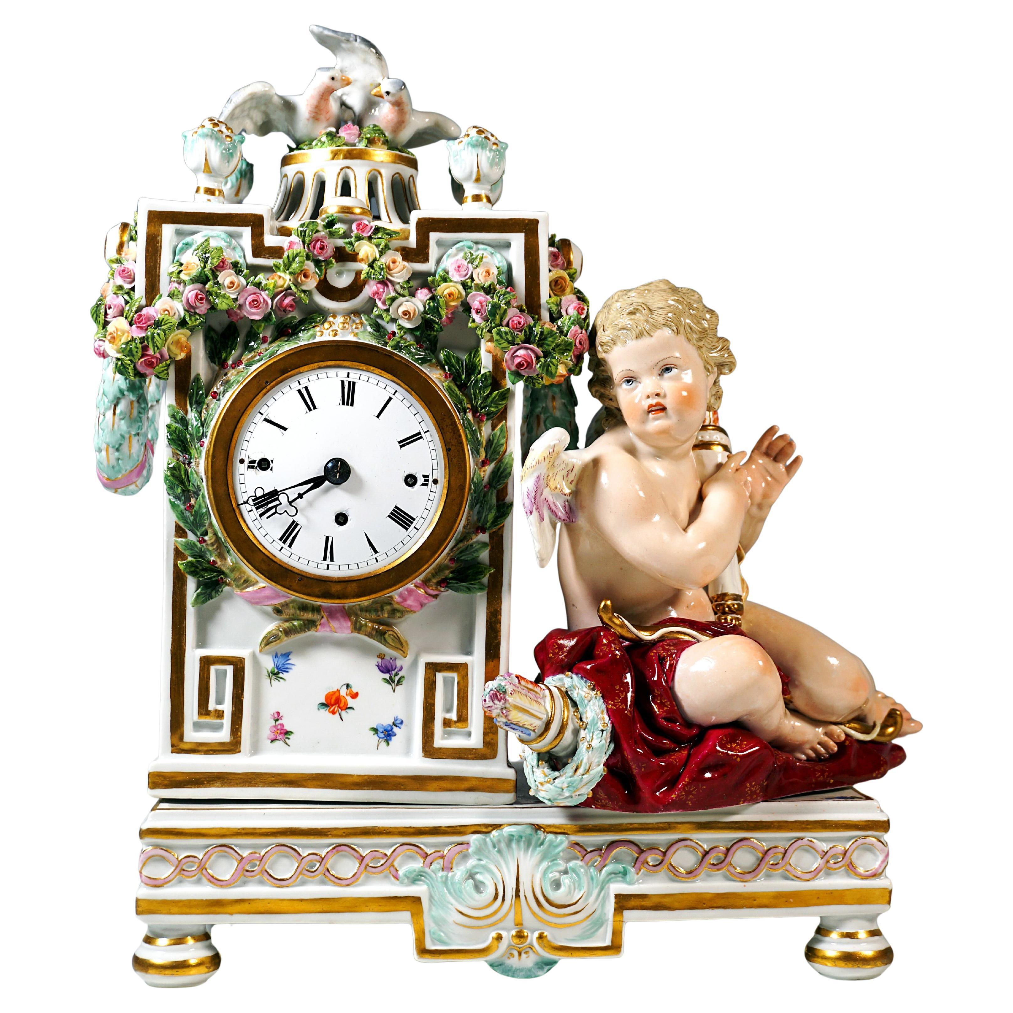 Meissen Clock Case With Cupid And Doves, by Michael Victor Acier, Around 1850
