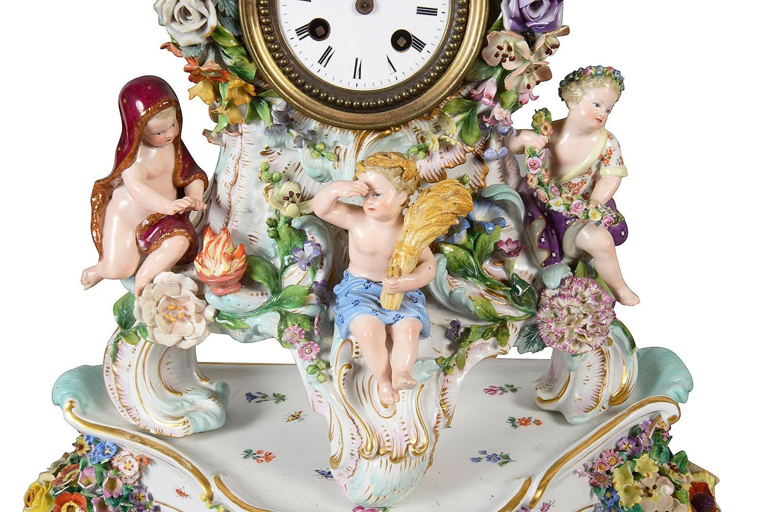 Hand-Painted Meissen clock garniture, 19th Century For Sale