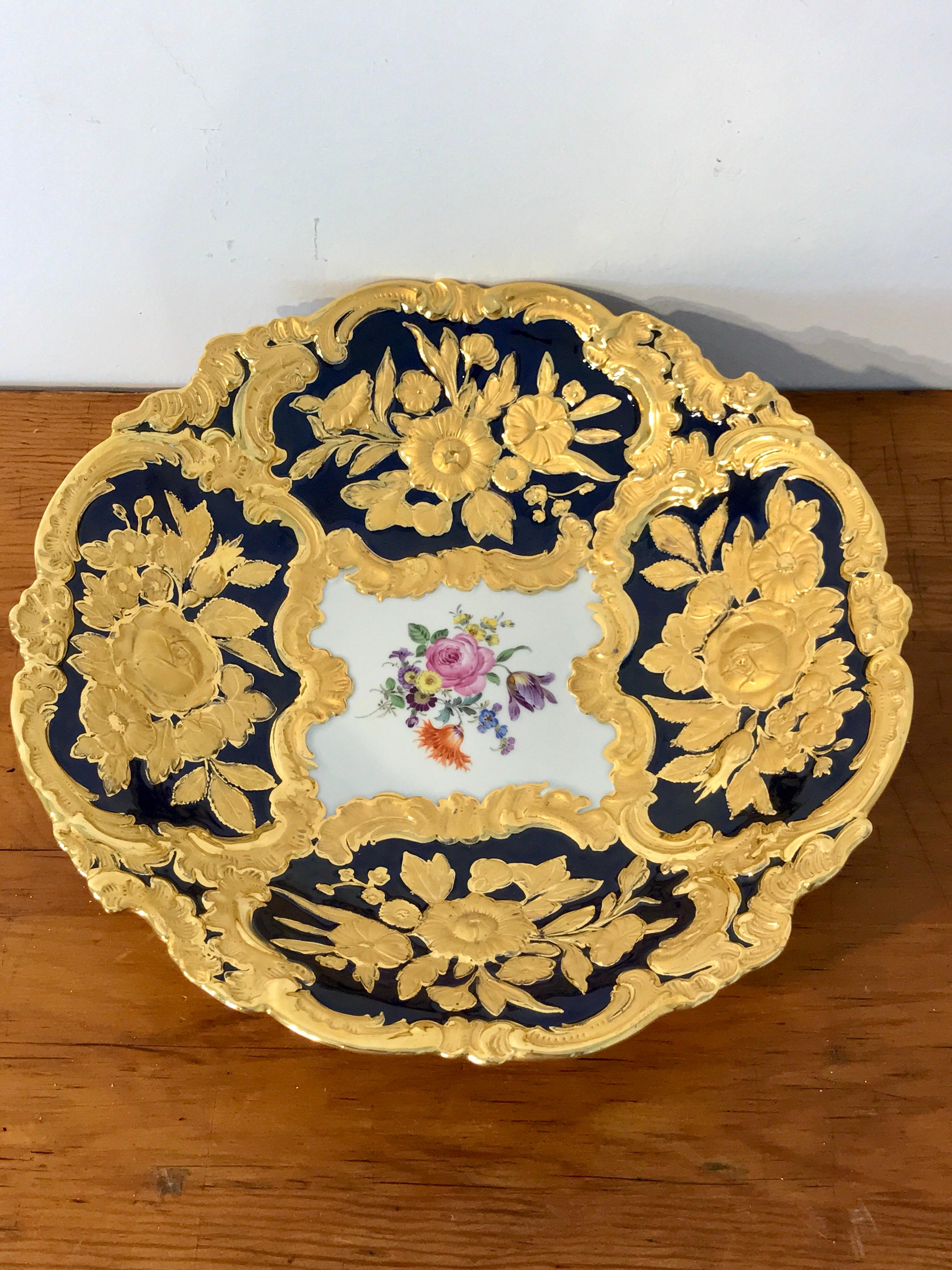 Meissen cobalt and gold encrusted floral centre bowl, of the best quality, finely painted marked blue crossswords, painters and gilders numbers. Presently this item is at our West Palm Beach location.