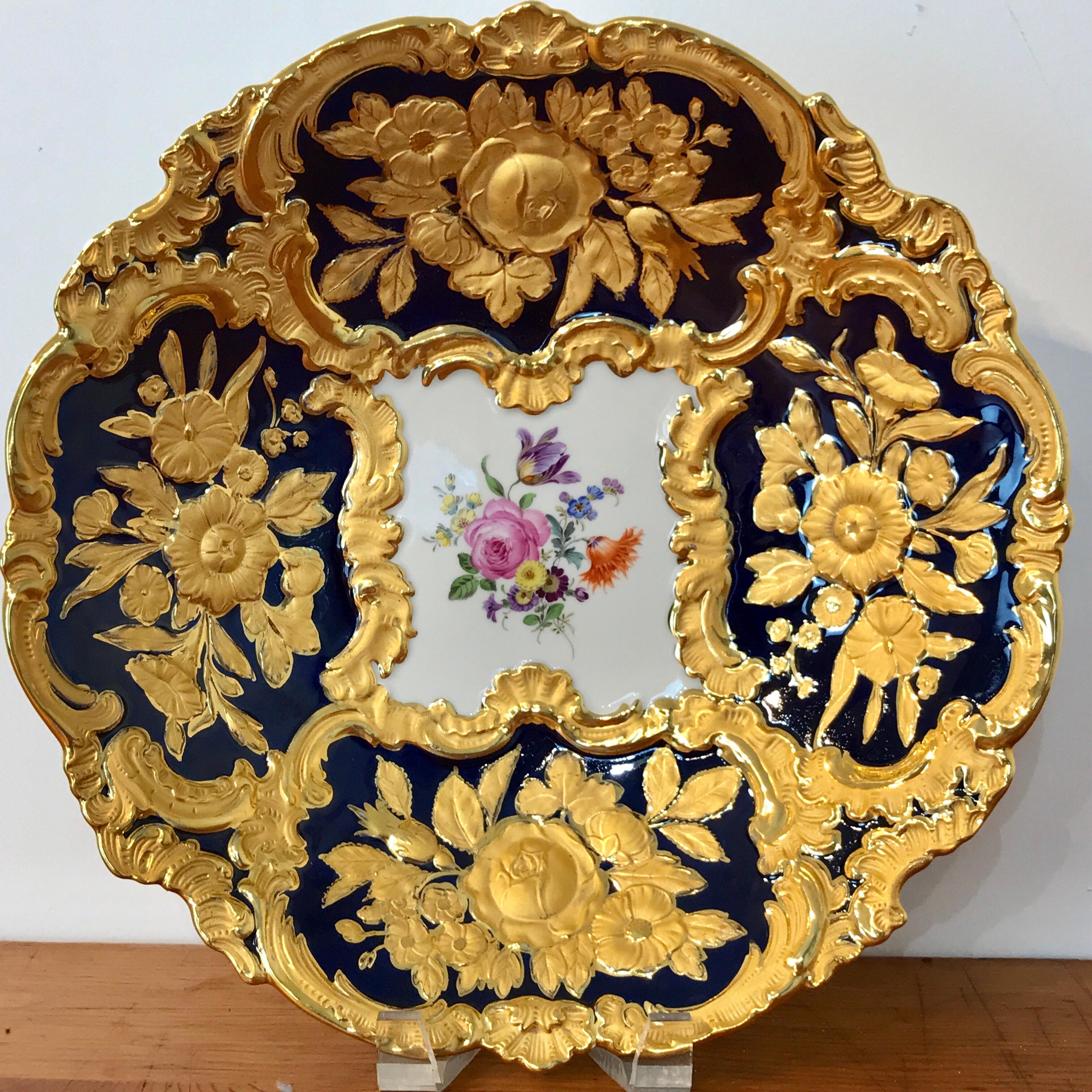 German Meissen Cobalt and Gold Encrusted Floral Centrebowl