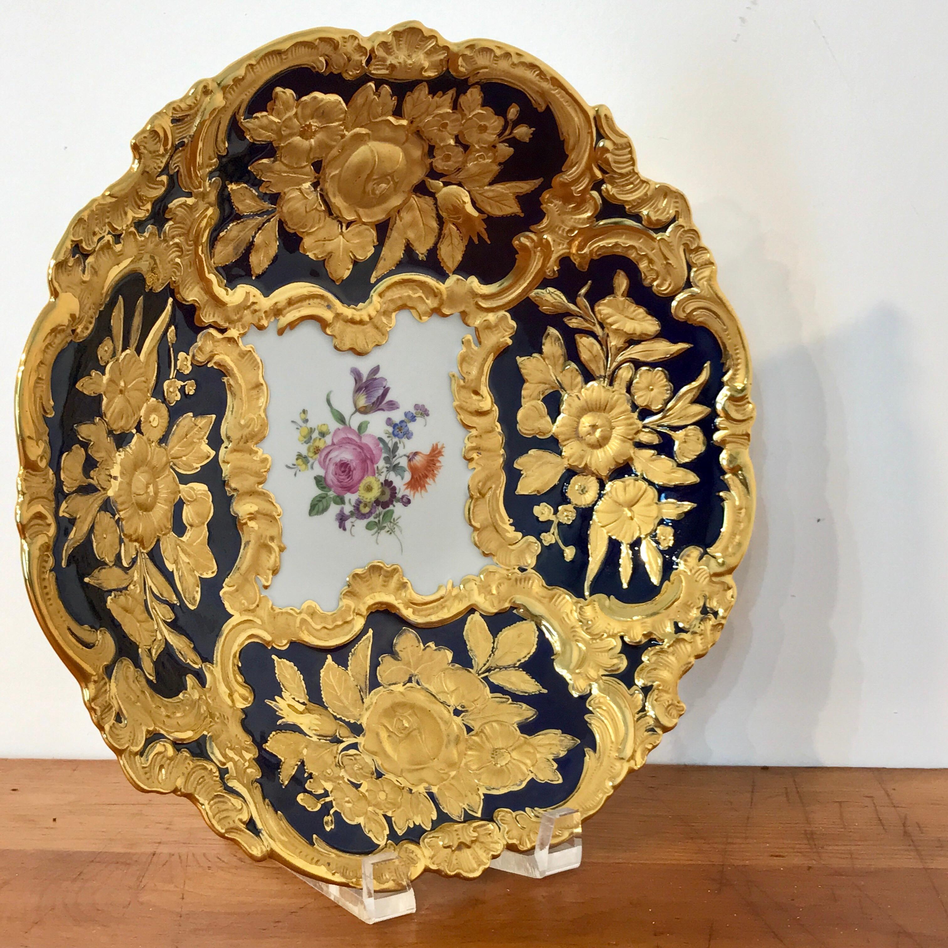 Gilt Meissen Cobalt and Gold Encrusted Floral Centrebowl