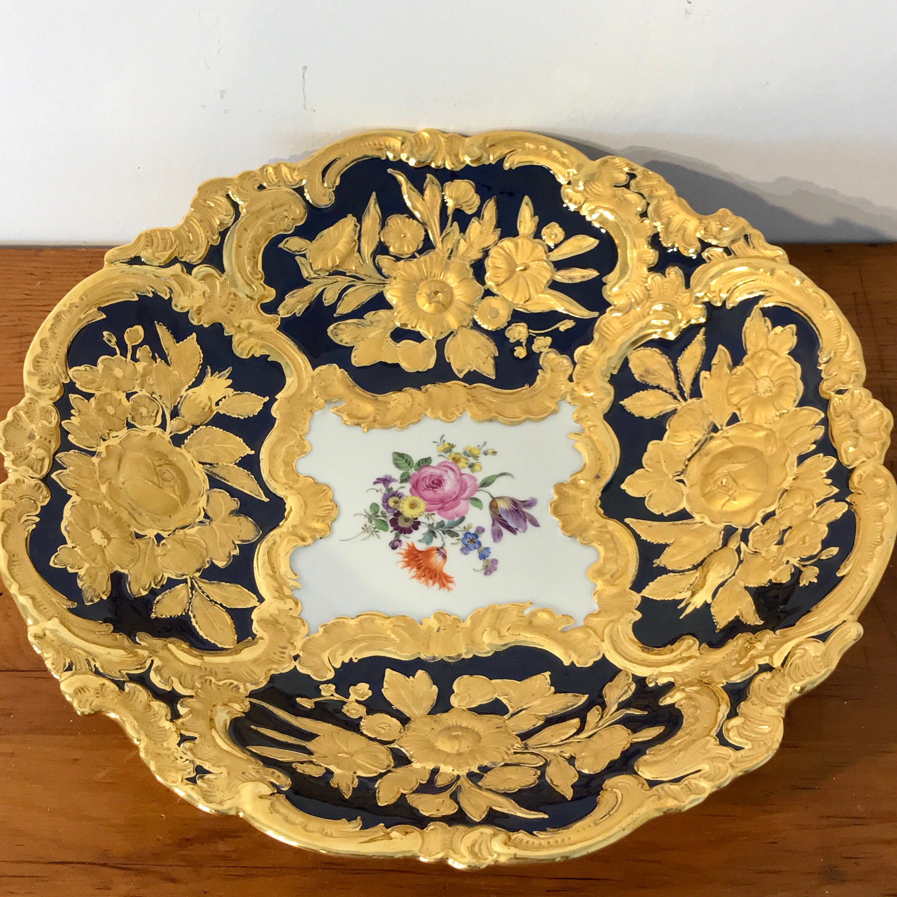 Meissen Cobalt and Gold Encrusted Floral Centrebowl In Excellent Condition In Atlanta, GA