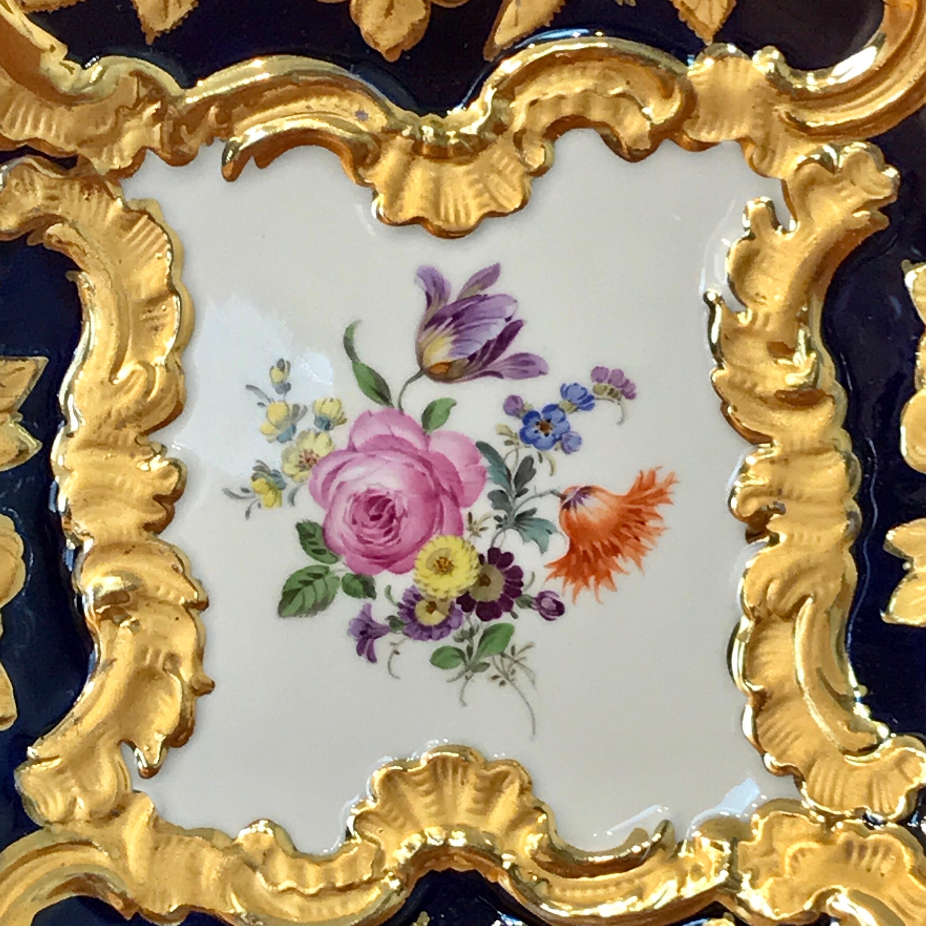 Porcelain Meissen Cobalt and Gold Encrusted Floral Centrebowl
