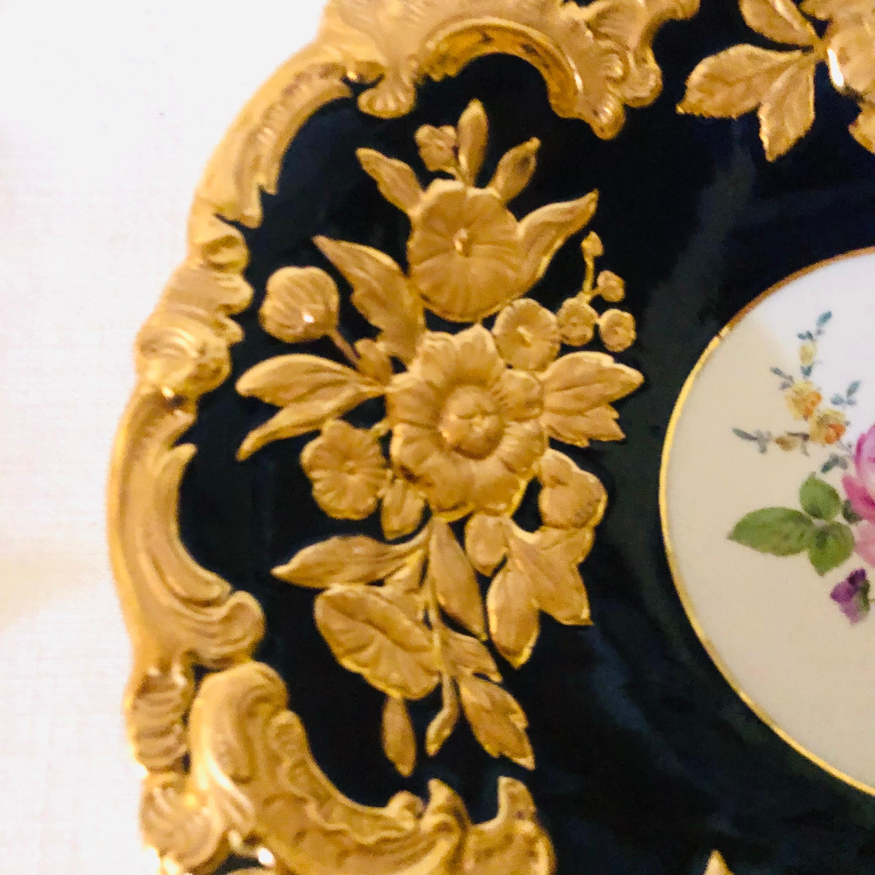 German Meissen Cobalt Charger with Raised Gilded Flowers, Leaves & Gilt Fluted Border