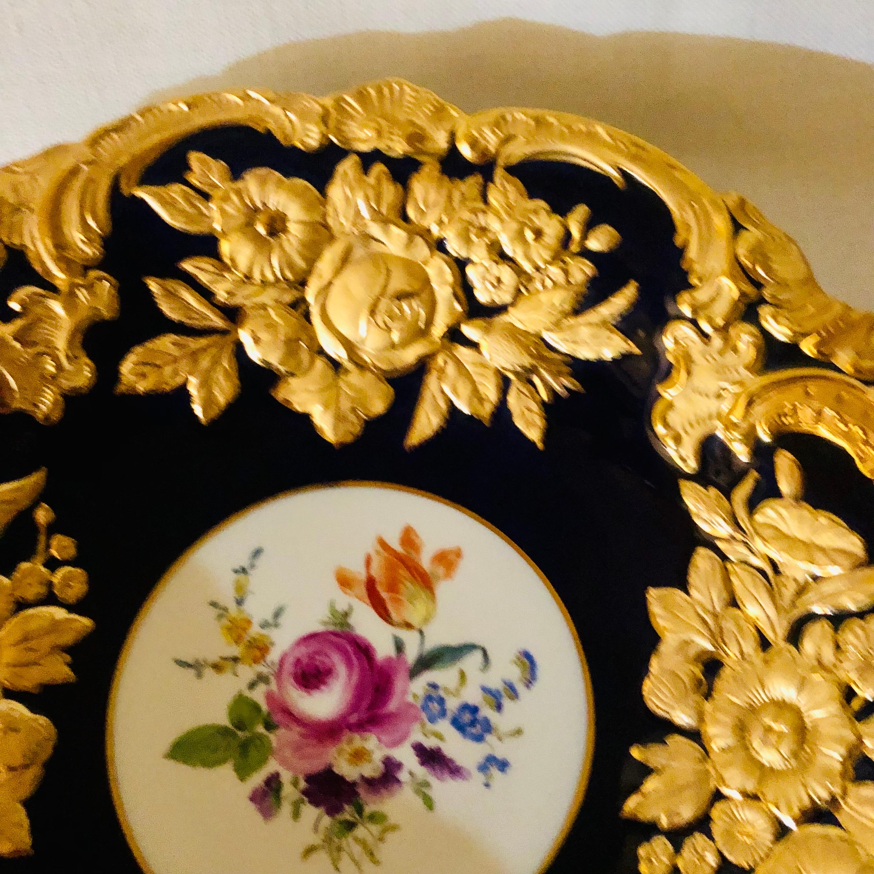 Meissen Cobalt Charger with Raised Gilded Flowers, Leaves & Gilt Fluted Border In Good Condition In Boston, MA