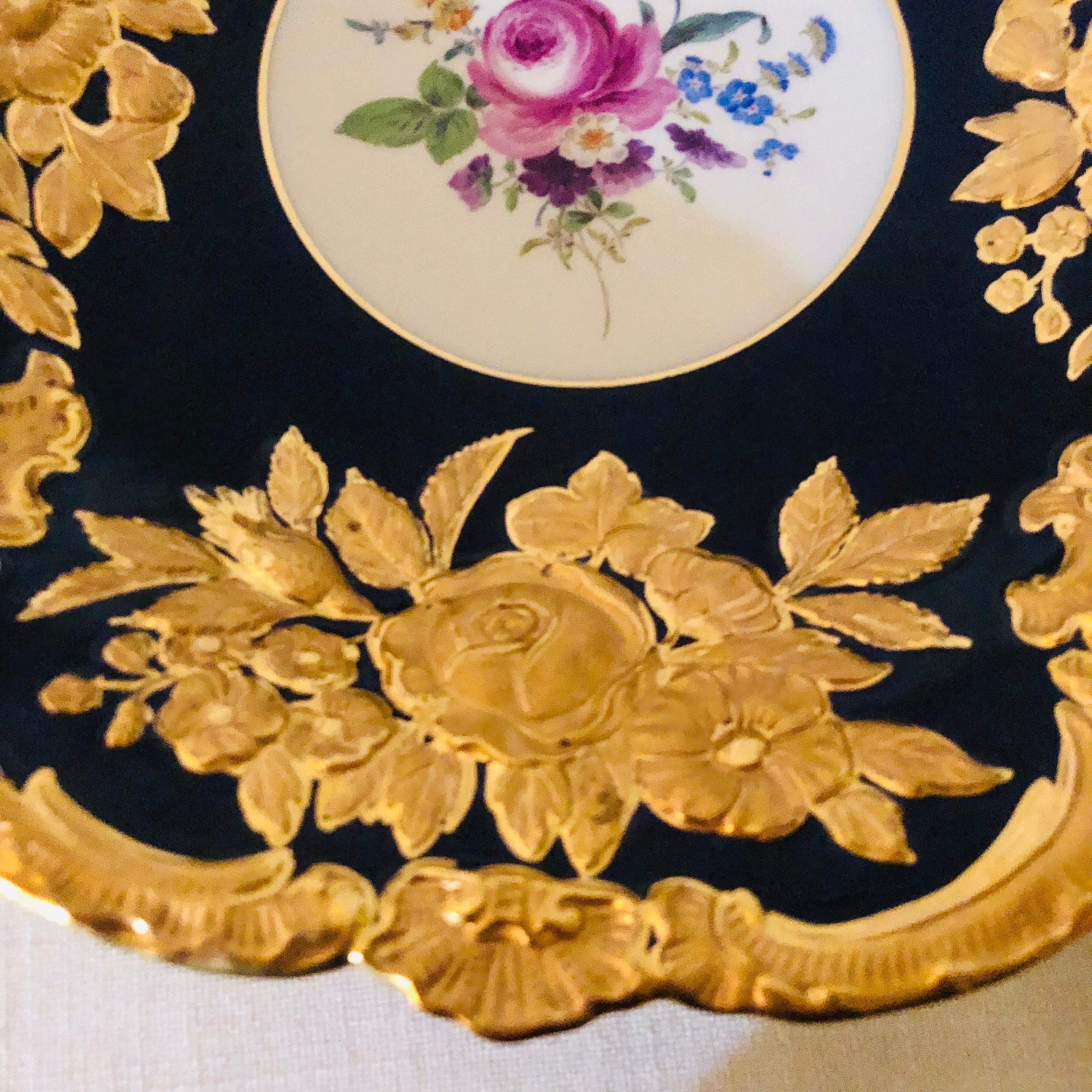 Mid-20th Century Meissen Cobalt Charger with Raised Gilded Flowers, Leaves & Gilt Fluted Border
