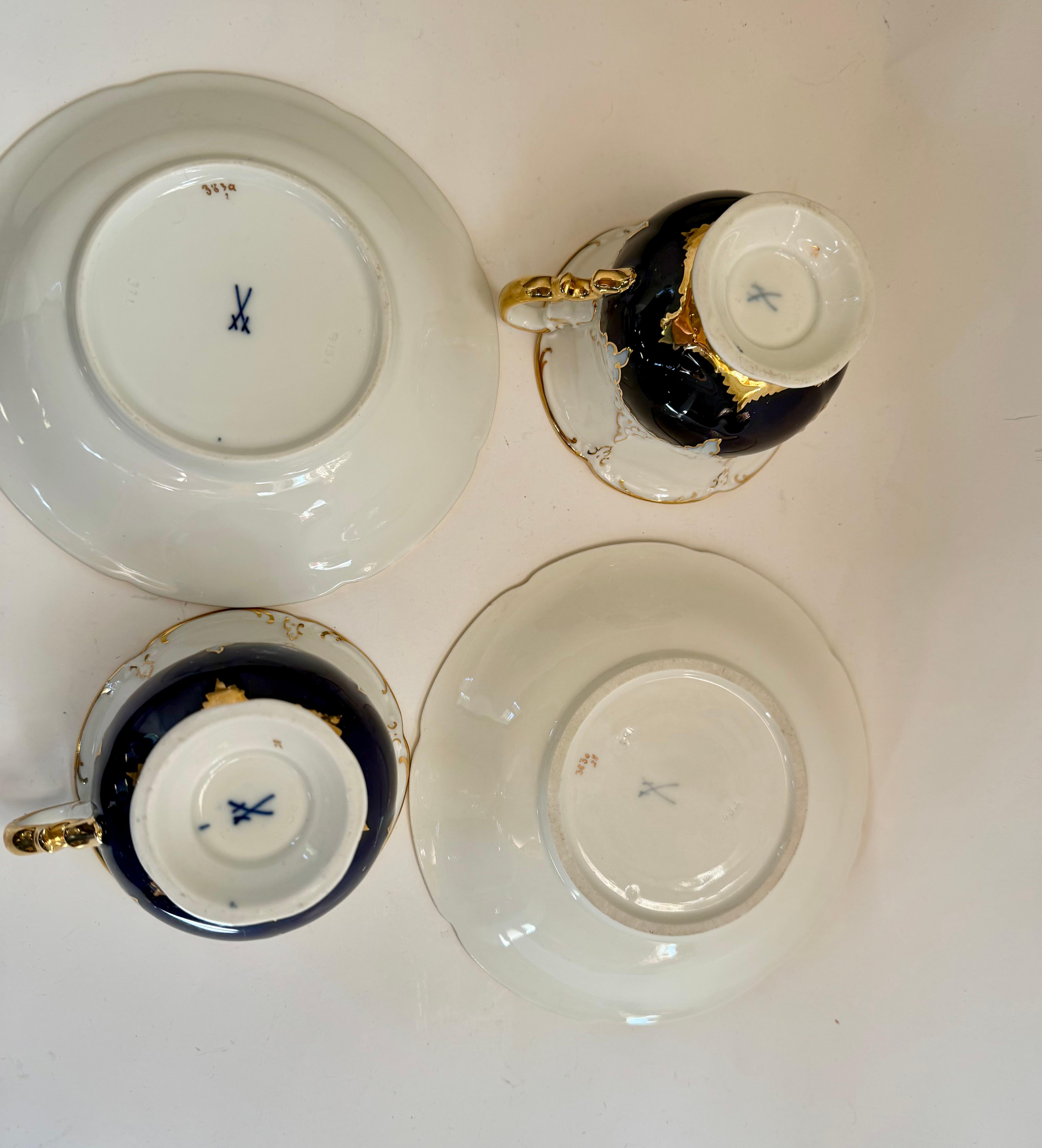 Meissener Kobaltgold 2 seltene vintage Teetassen mit Untertassen 8