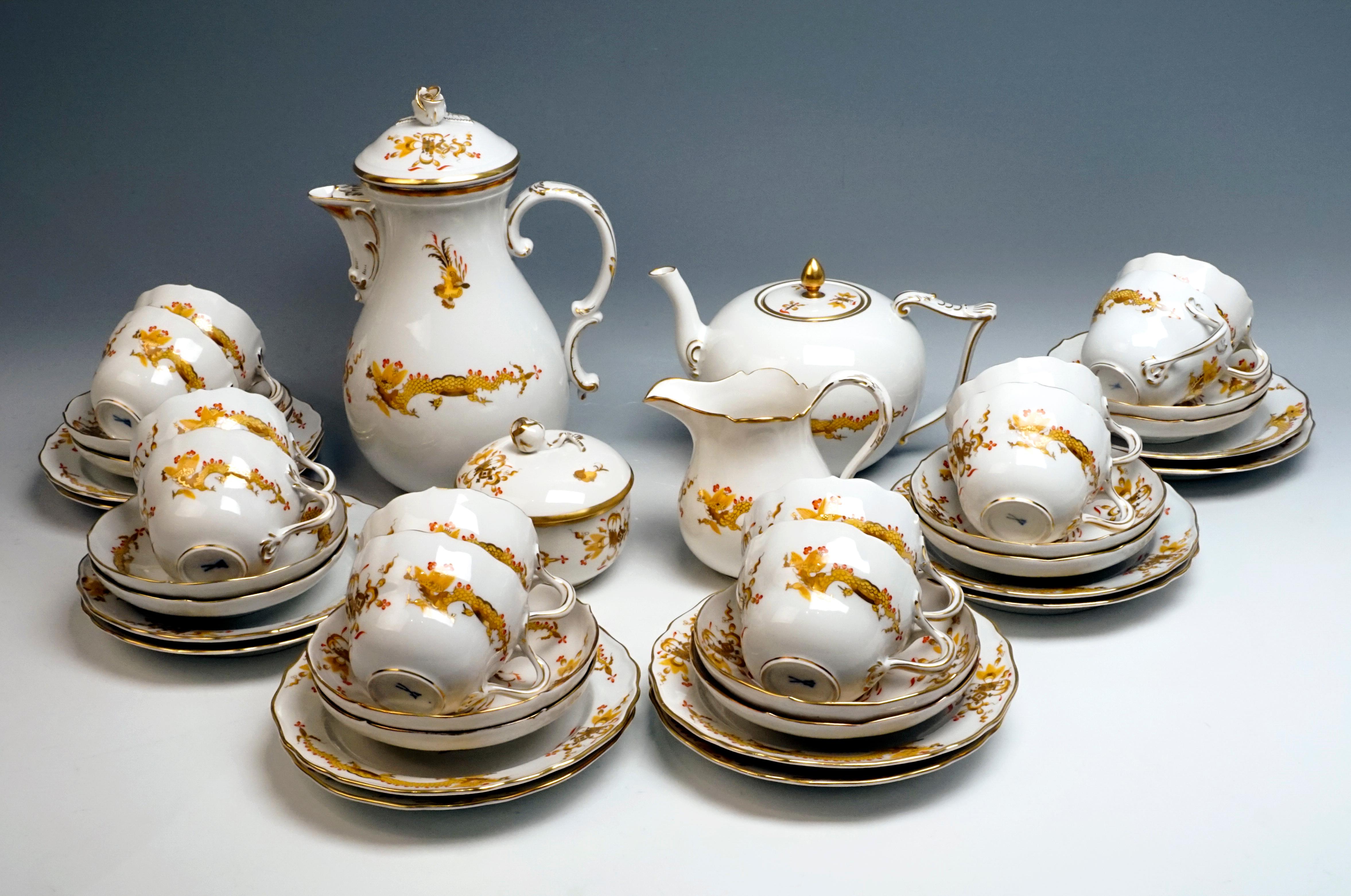 Finest porcelain set from The Meissen/Germany Manufactory

Dating: made second half of the 20th century
Material: white porcelain, glossy finish
Technique: handmade porcelain, finest painting

40 pieces:
1 coffee pot with - height = 25,5 cm /