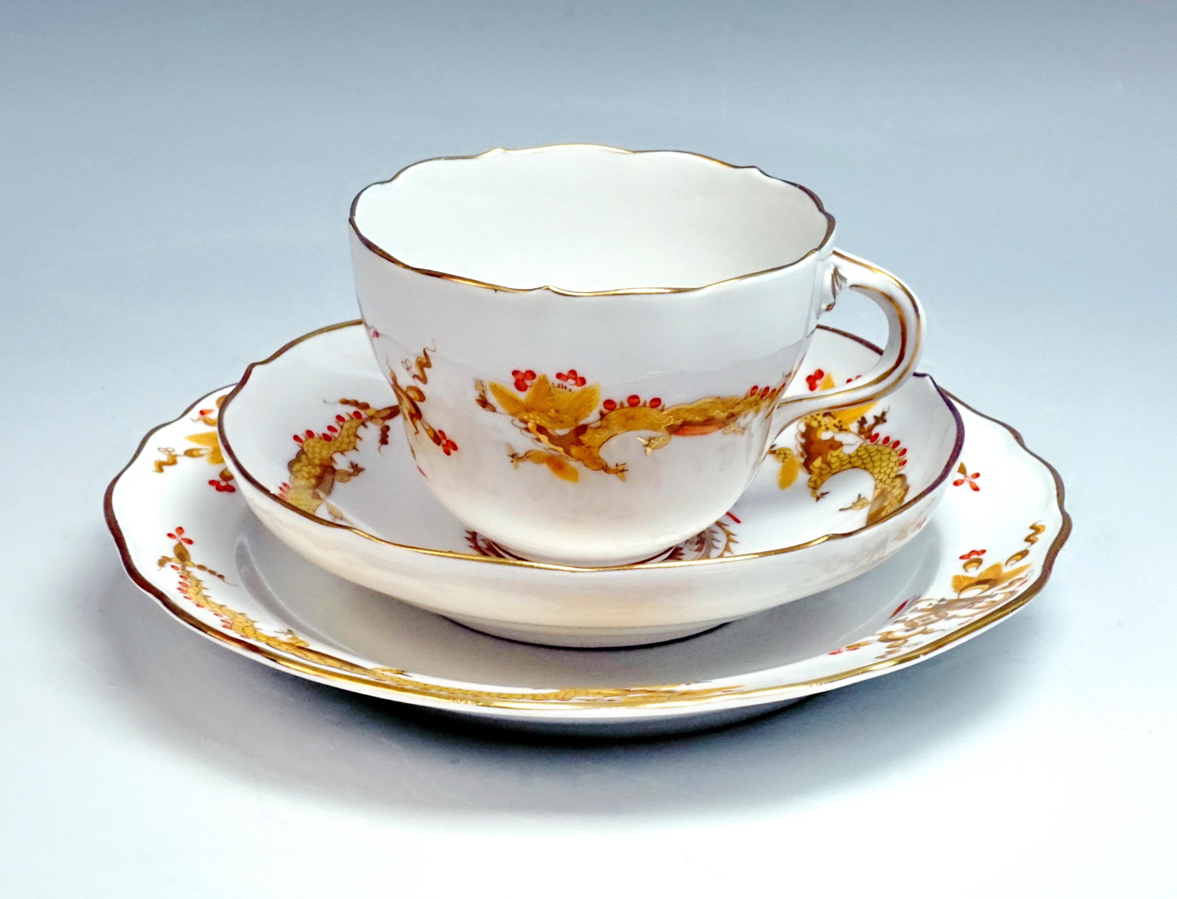 Painted Meissen Coffee and Tee Set with Dessert Plates 12 People Rich Dragon, Yellow