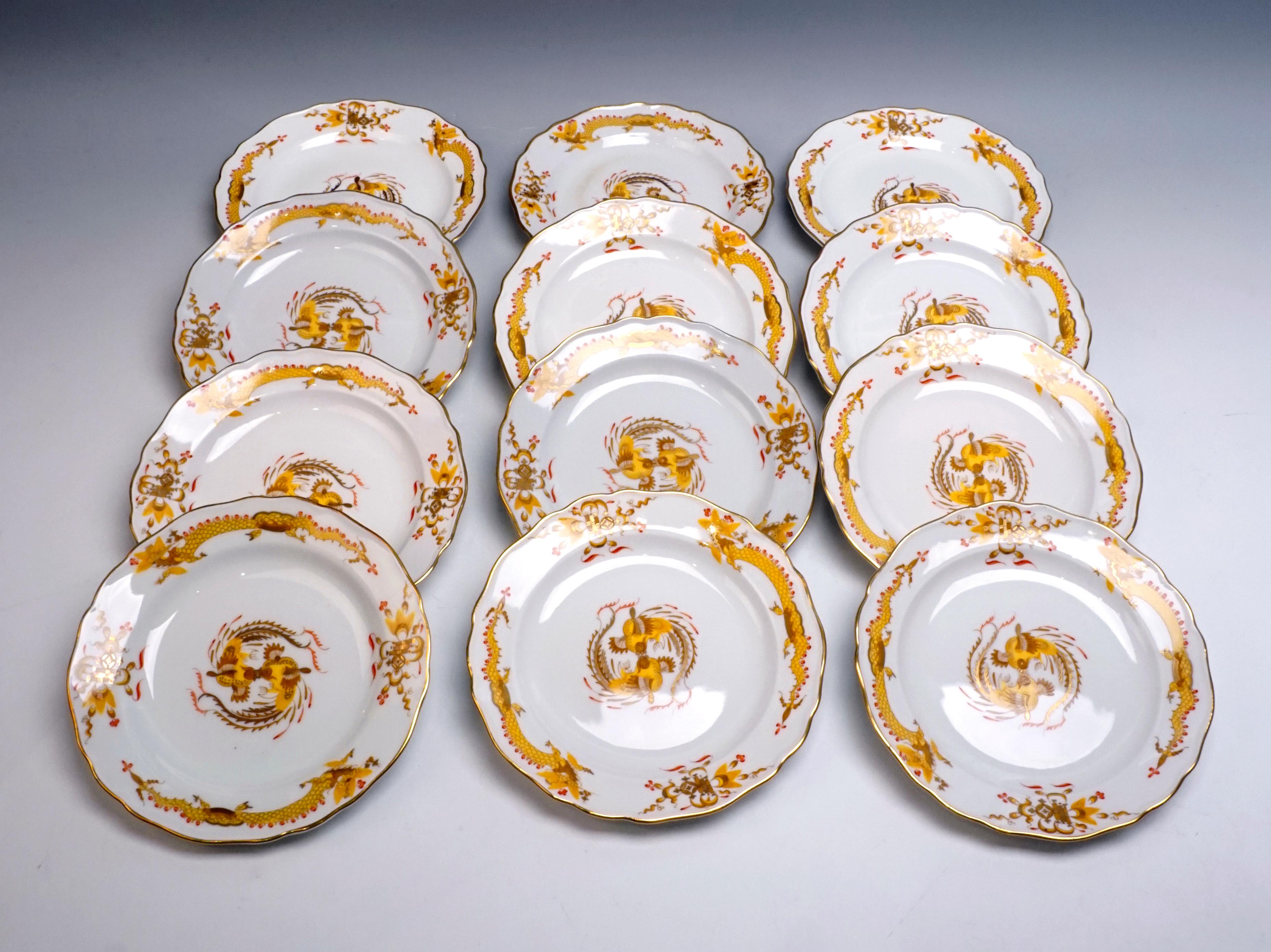 Porcelain Meissen Coffee and Tee Set with Dessert Plates 12 People Rich Dragon, Yellow