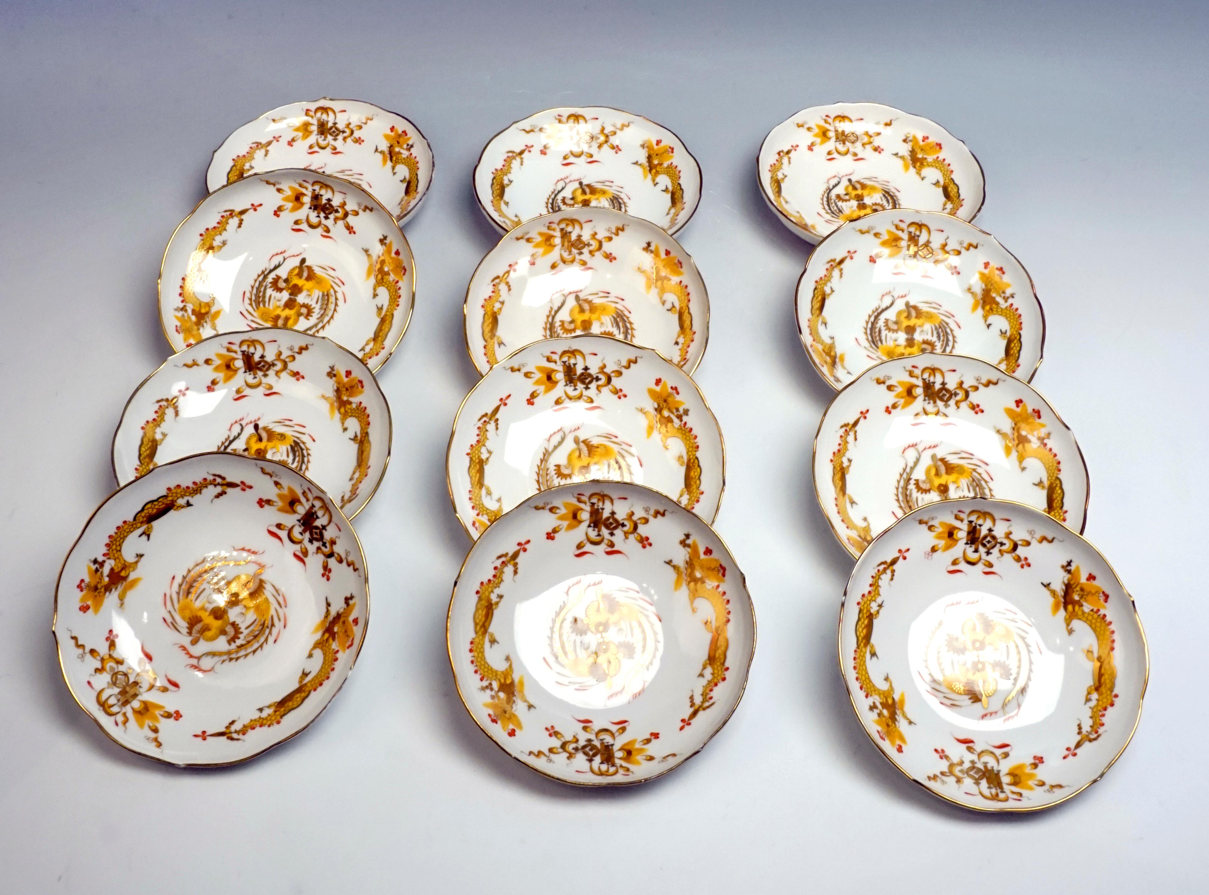 Porcelain Meissen Coffee and Tee Set with Dessert Plates 12 People Rich Dragon, Yellow