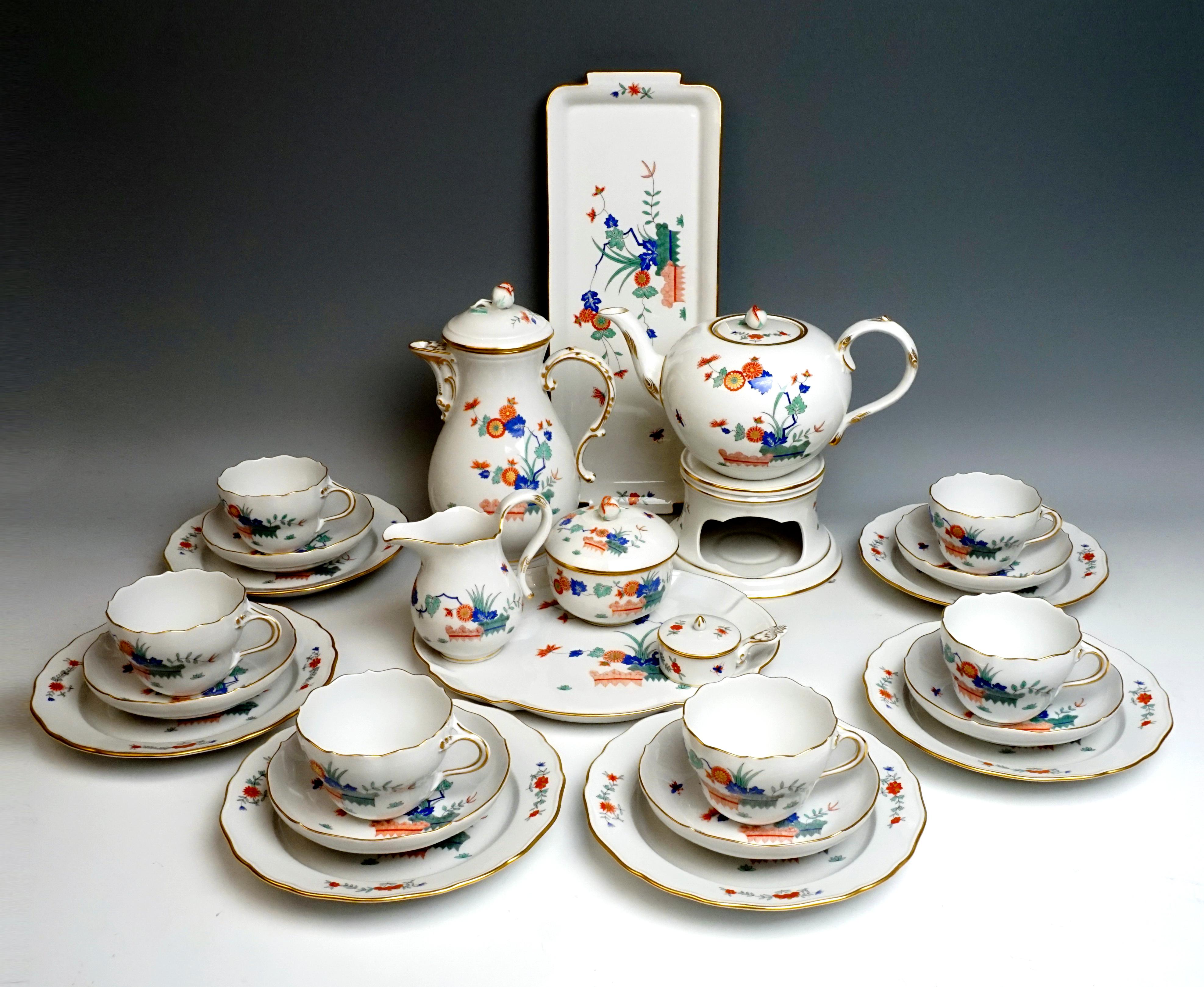 Finest porcelain set From The Meissen/Germany Manufactory

Dating: made second half of the 20th century
Material: white porcelain, glossy finish
Technique: handmade porcelain, finest painting

25 pieces:
1 coffee pot, lidded - height = 9.84