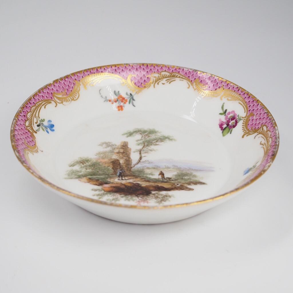 Late 18th Century Meissen Coffee Cup & Saucer, Landscapes in Purple Scale, C.1775