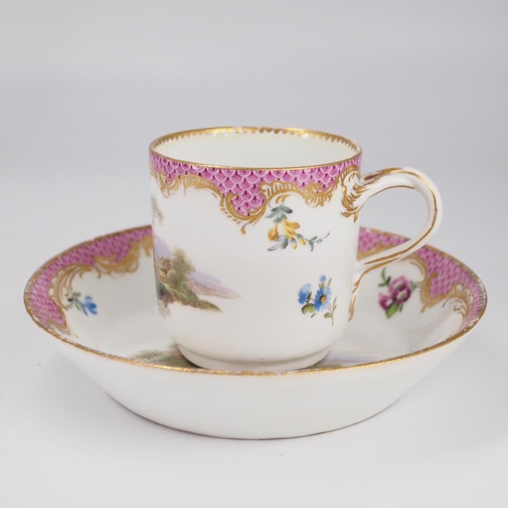 Porcelain Meissen Coffee Cup & Saucer, Landscapes in Purple Scale, C.1775