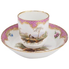 Antique Meissen Coffee Cup & Saucer, Landscapes in Purple Scale, C.1775