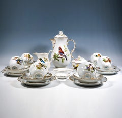 Meissen Coffee & Dessert Set For 6 Pers., Bird Painting & Gold, Germany, 20th C.