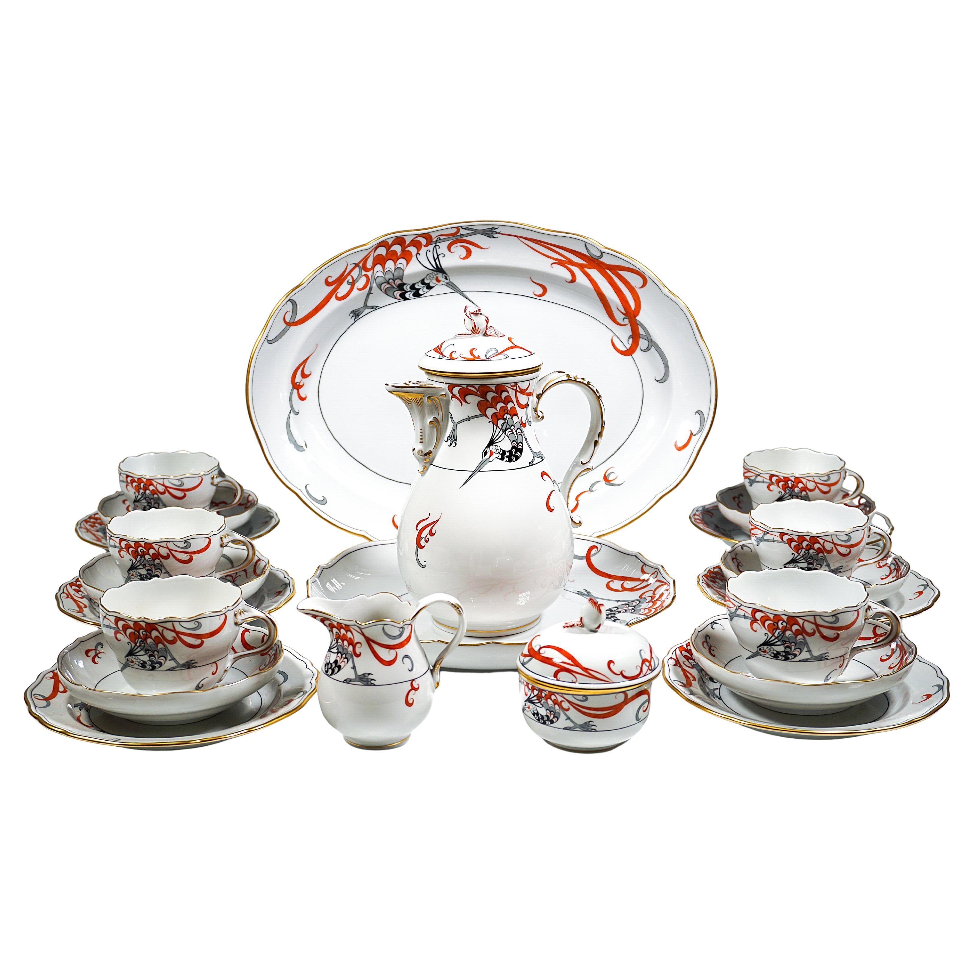 Meissen Coffee & Dessert Set For 6 Persons, Decor Firebird, Germany, 20th C.