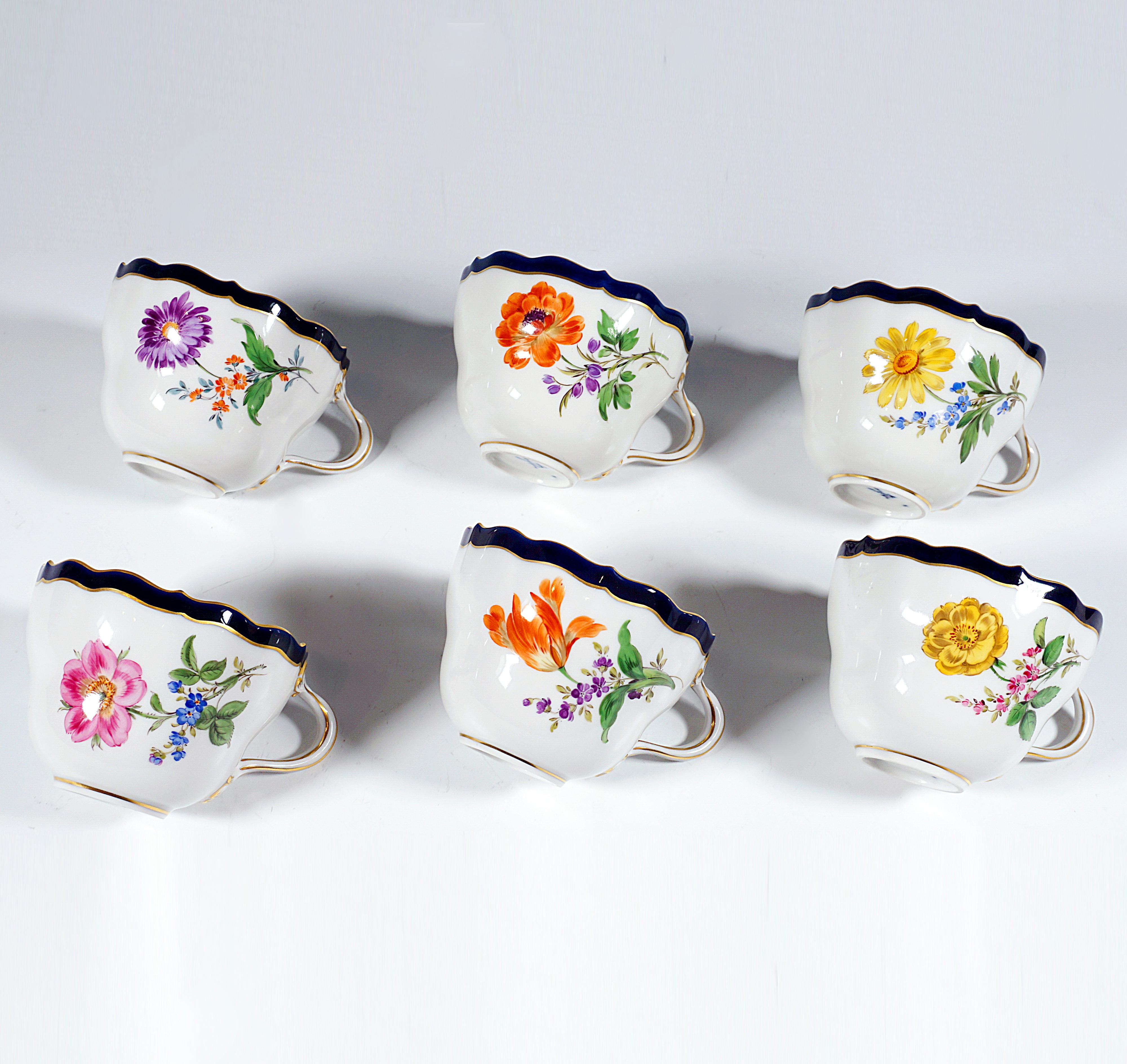 Meissen Coffee & Dessert Set For 6 Persons Flowers, Blue Rim & Gold, Mid-20th 1