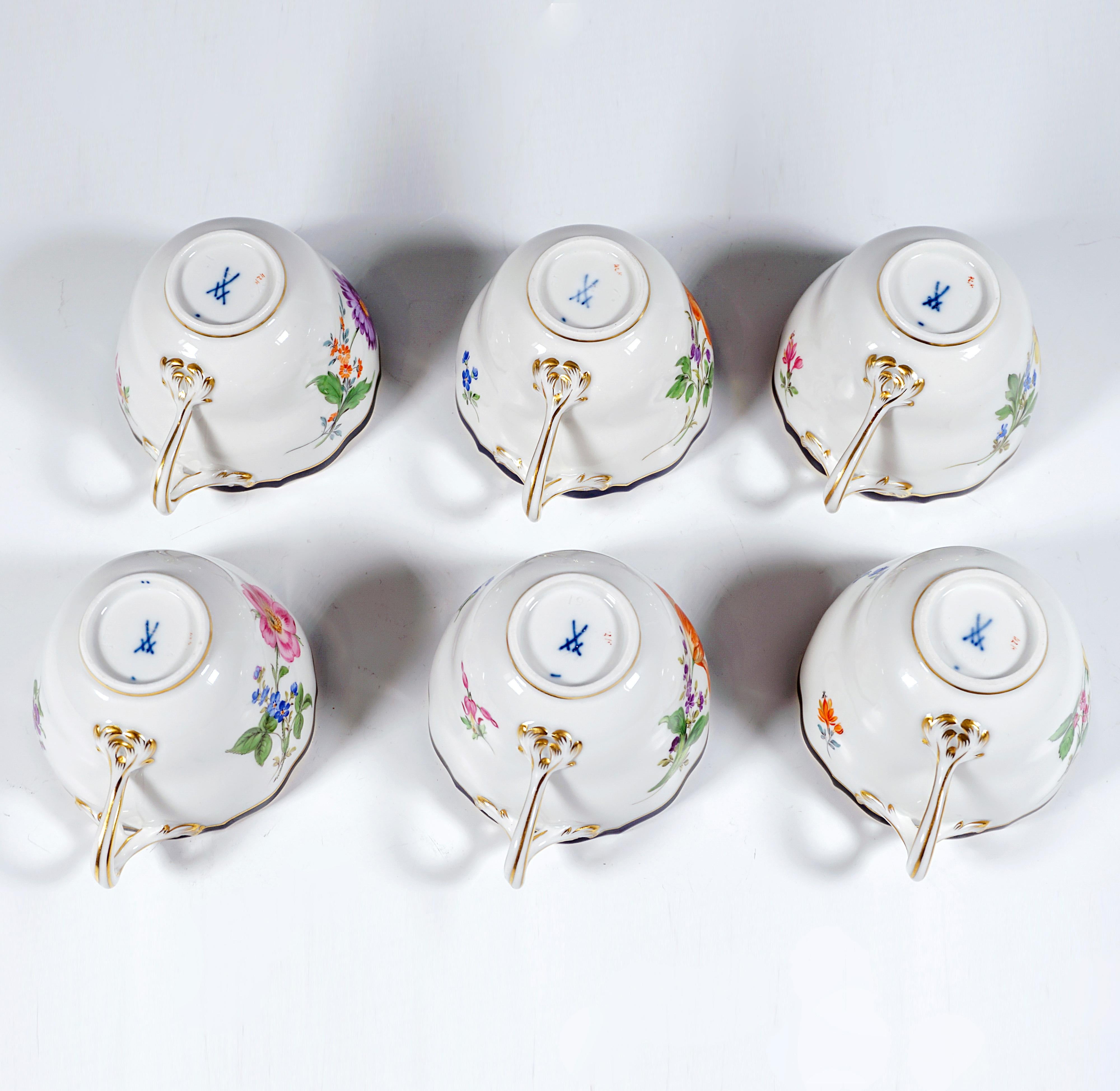 Meissen Coffee & Dessert Set For 6 Persons Flowers, Blue Rim & Gold, Mid-20th 2
