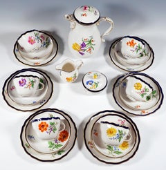 Meissen Coffee & Dessert Set For 6 Persons Flowers, Blue Rim & Gold, Mid-20th