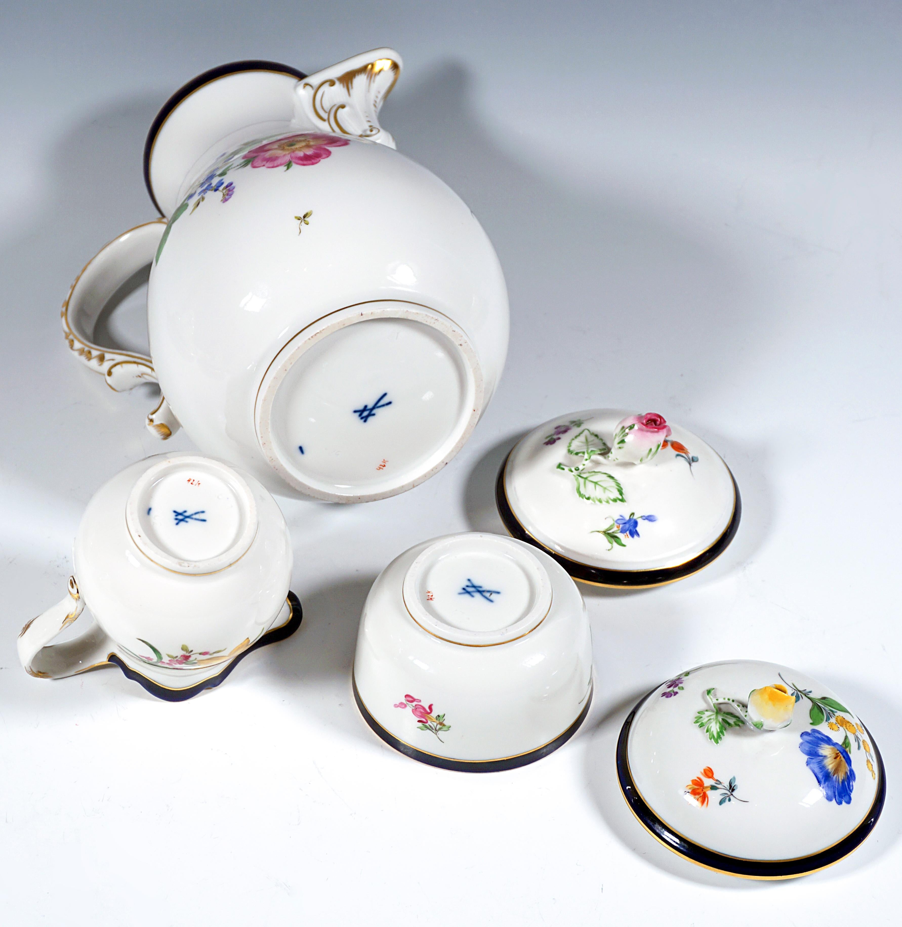 Baroque Meissen Coffee & Dessert Set For 6 Persons Flowers, Blue Rim & Gold, Mid-20th