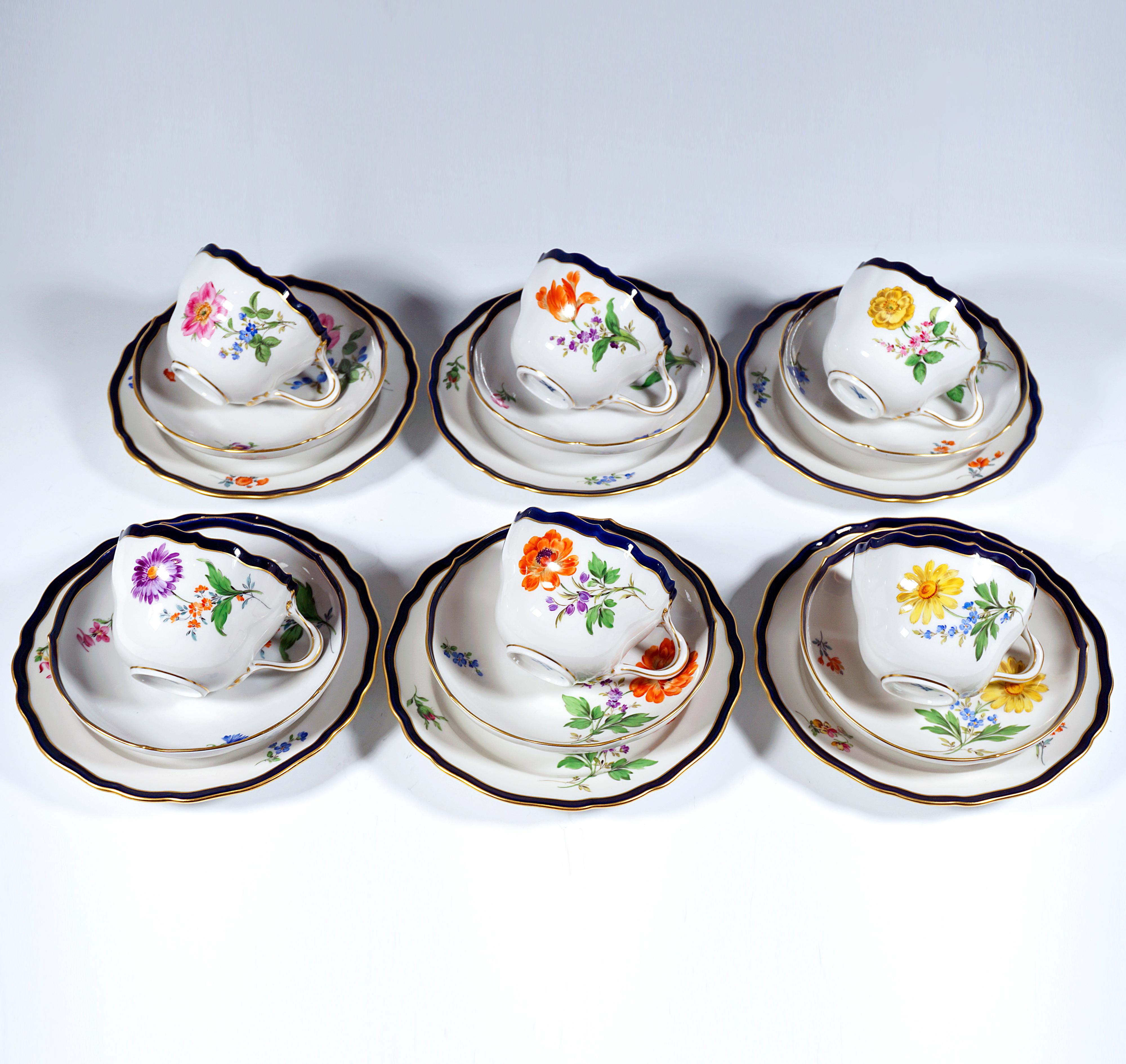 German Meissen Coffee & Dessert Set For 6 Persons Flowers, Blue Rim & Gold, Mid-20th